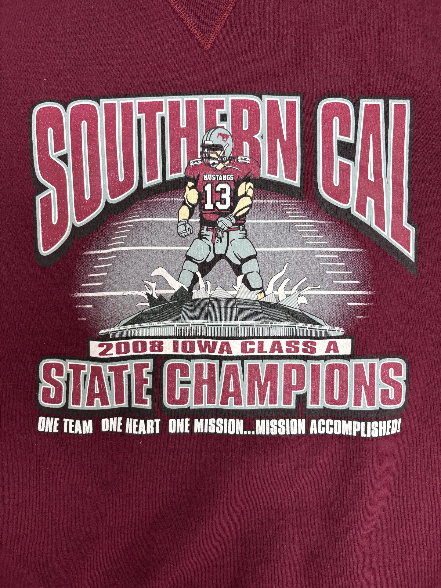 Southern Cal Mustangs 2008 Iowa Class A State Champions Graphic Crewneck | Size Medium | Vintage 2000s Red Sweater |