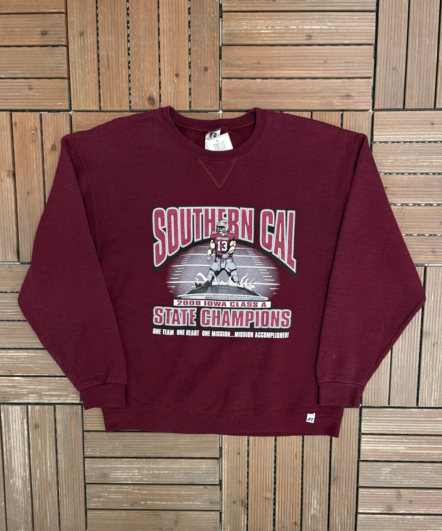 Southern Cal Mustangs 2008 Iowa Class A State Champions Graphic Crewneck | Size Medium | Vintage 2000s Red Sweater |
