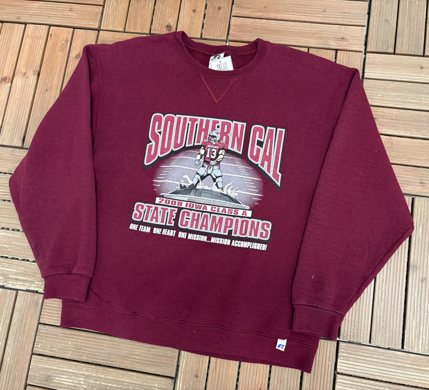 Southern Cal Mustangs 2008 Iowa Class A State Champions Graphic Crewneck | Size Medium | Vintage 2000s Red Sweater |