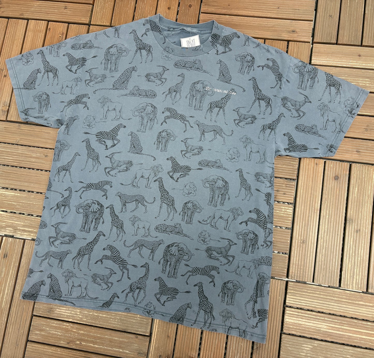 Potawatomi Zoo South Bend, Indiana Graphic Tee | Size X-Large | Vintage 2000s All Over Animal Blue T-Shirt |