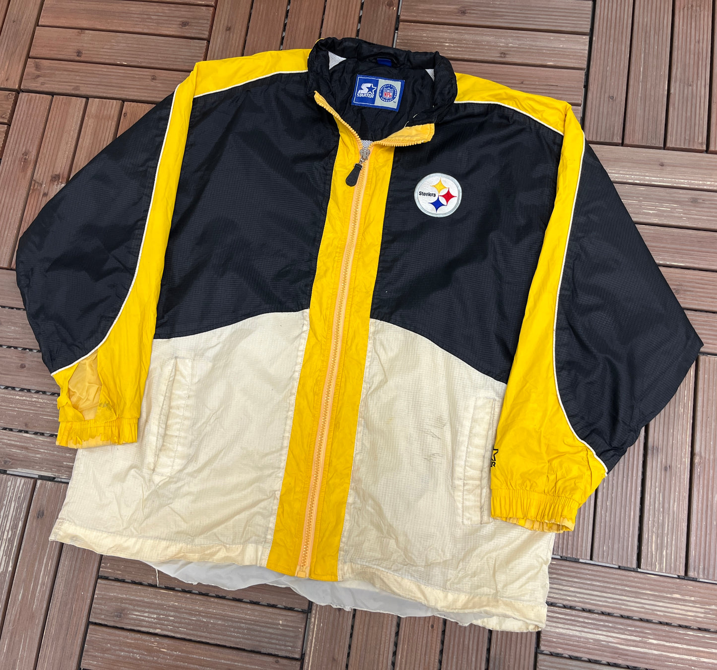 Pittsburgh Steelers Stitched Graphic Windbreaker | Size XX-Large | Vintage 1990s NFL Football Black Jacket |