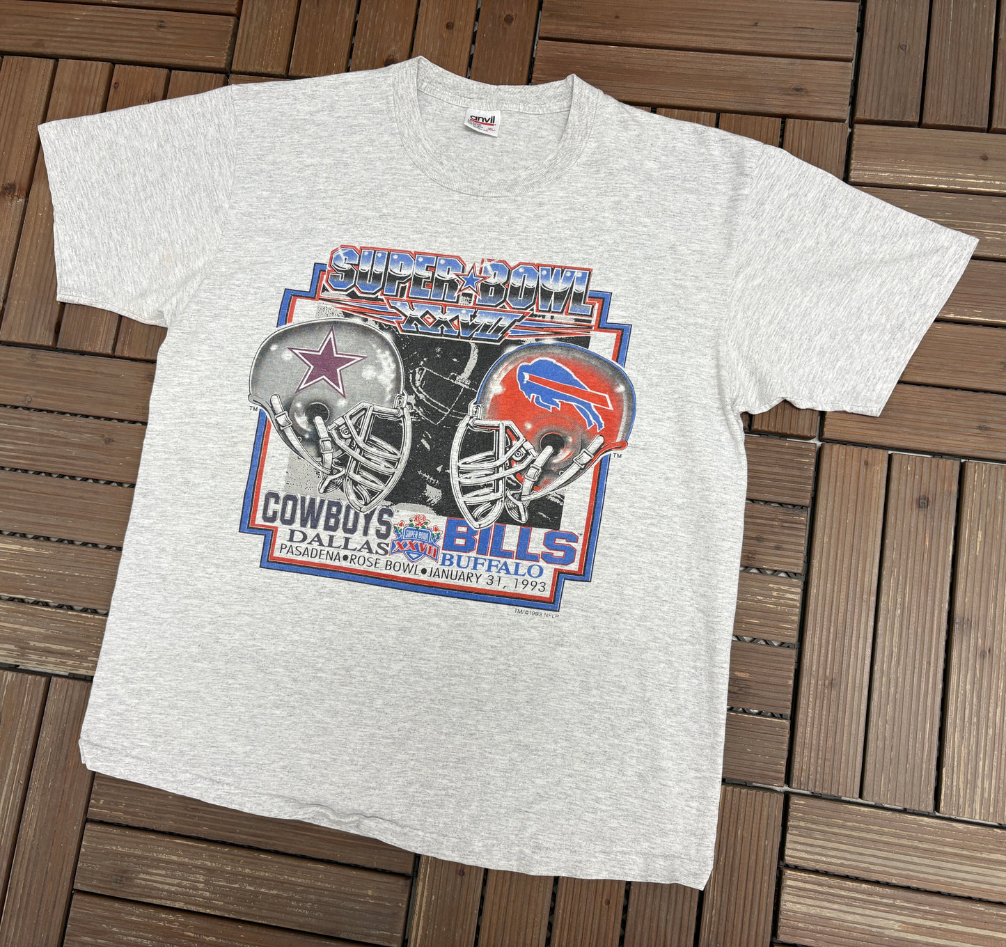 Dallas Cowboys vs. Buffalo Bills Super Bowl XXVII Graphic Tee | Size X-Large | Vintage 1990s NFL Football Grey T-Shirt |