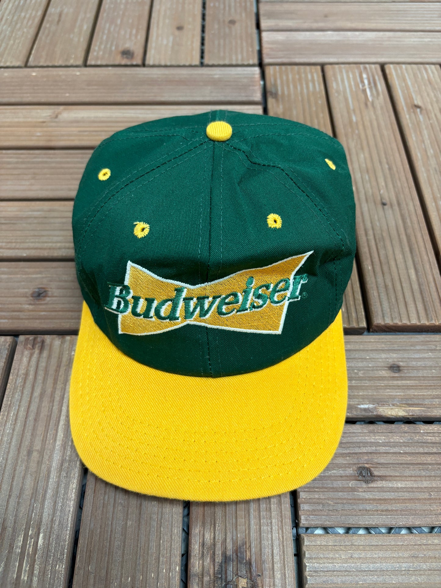 Budweiser Embroidered Graphic Hat | Snap Back | Vintage 1990s Promotional Green Cap |