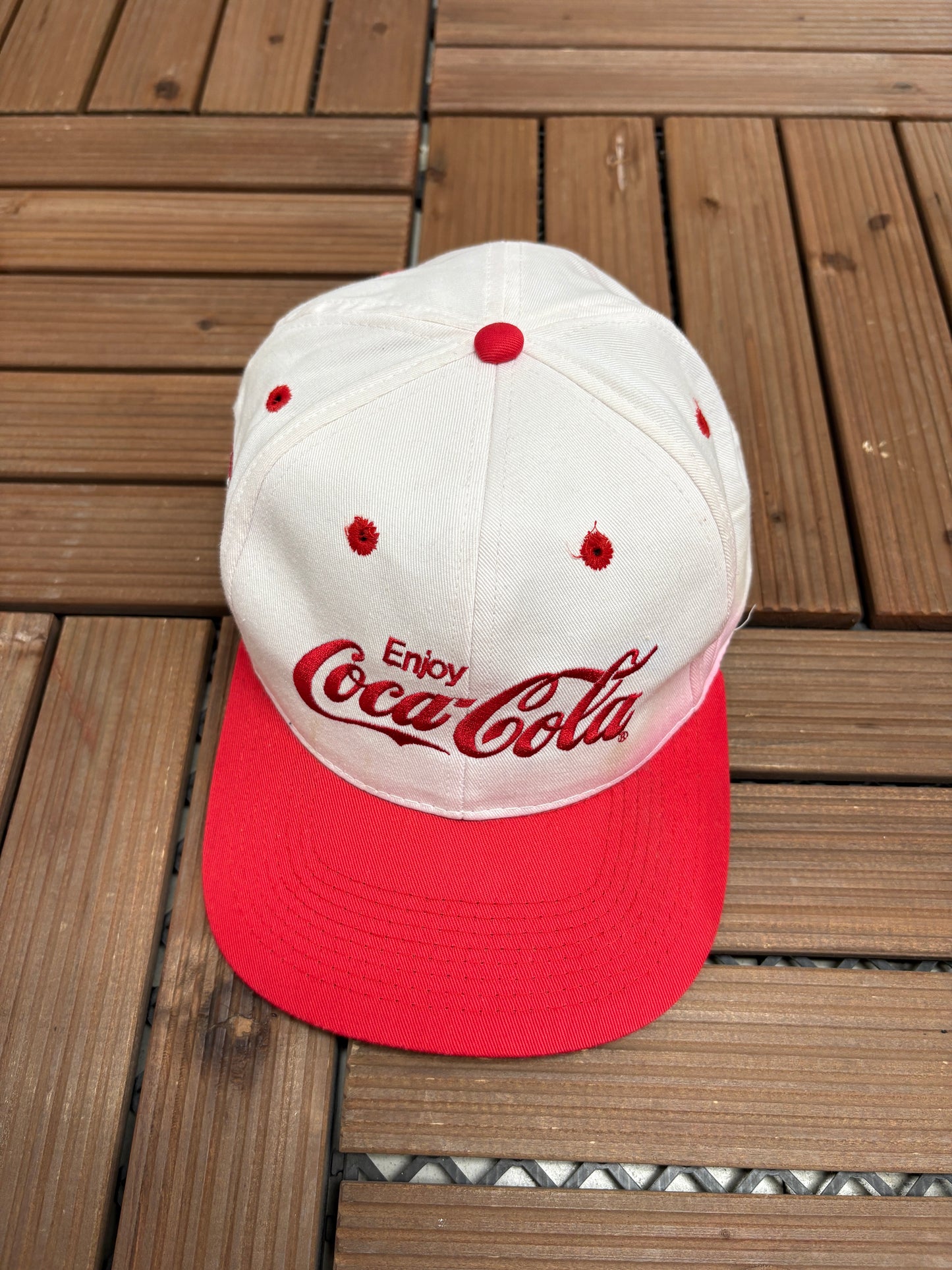 Enjoy Coca-Cola Embroidered Graphic Hat | Snap Back | Vintage 1990s Promotional White Cap |