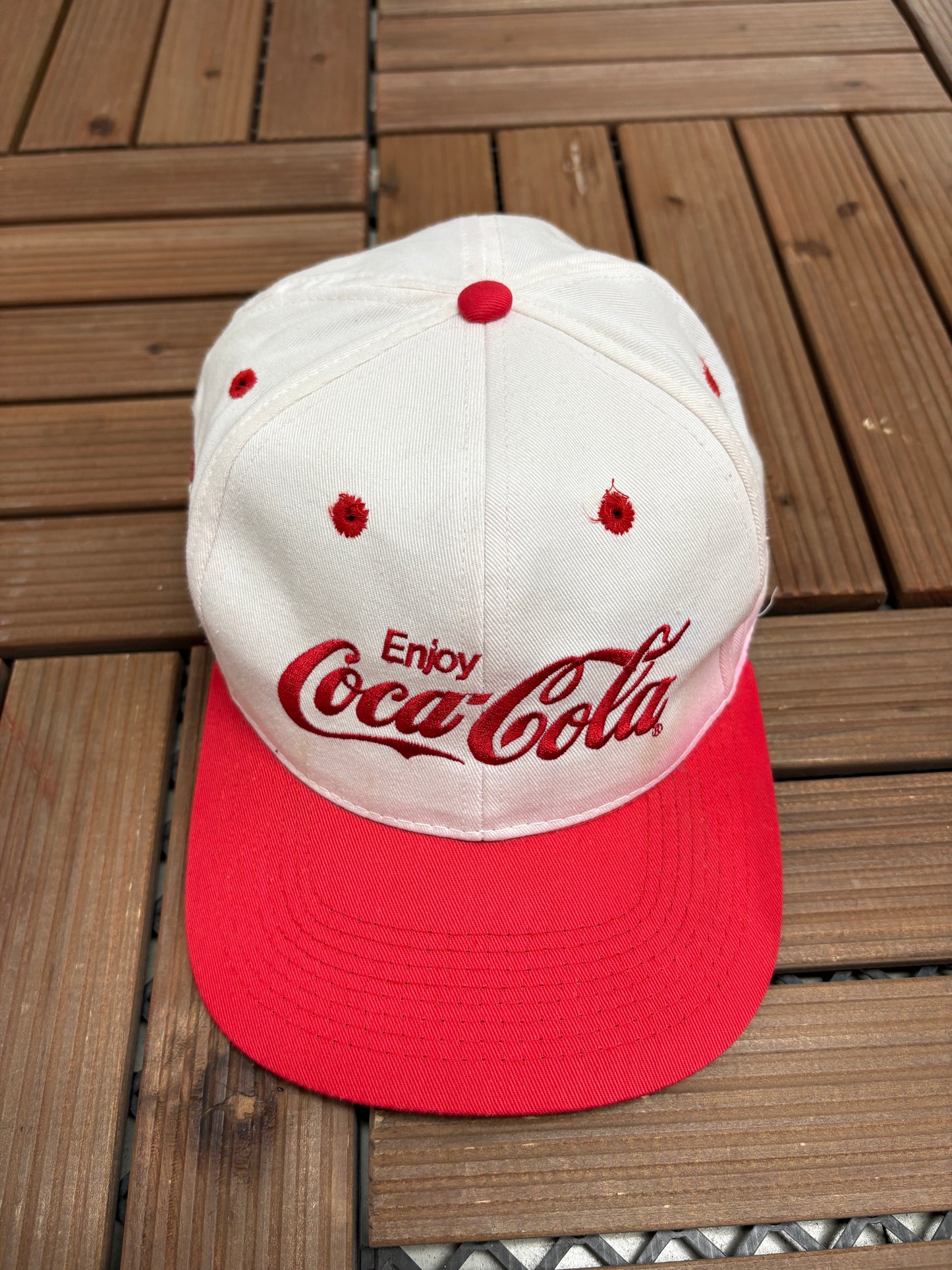 Enjoy Coca-Cola Embroidered Graphic Hat | Snap Back | Vintage 1990s Promotional White Cap |