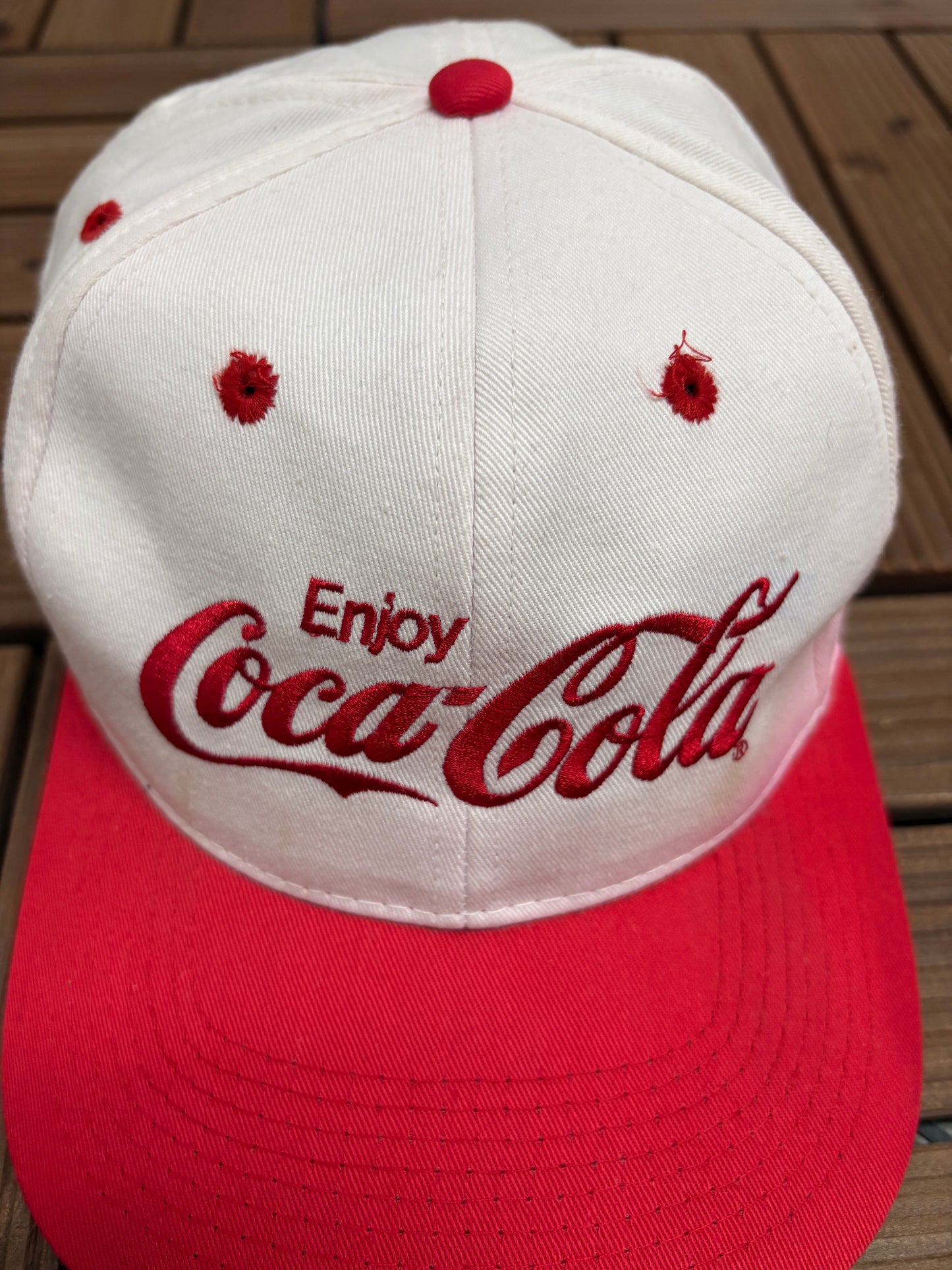 Enjoy Coca-Cola Embroidered Graphic Hat | Snap Back | Vintage 1990s Promotional White Cap |