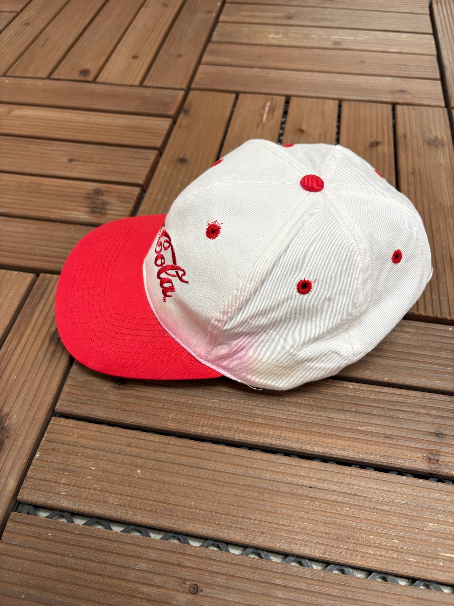 Enjoy Coca-Cola Embroidered Graphic Hat | Snap Back | Vintage 1990s Promotional White Cap |