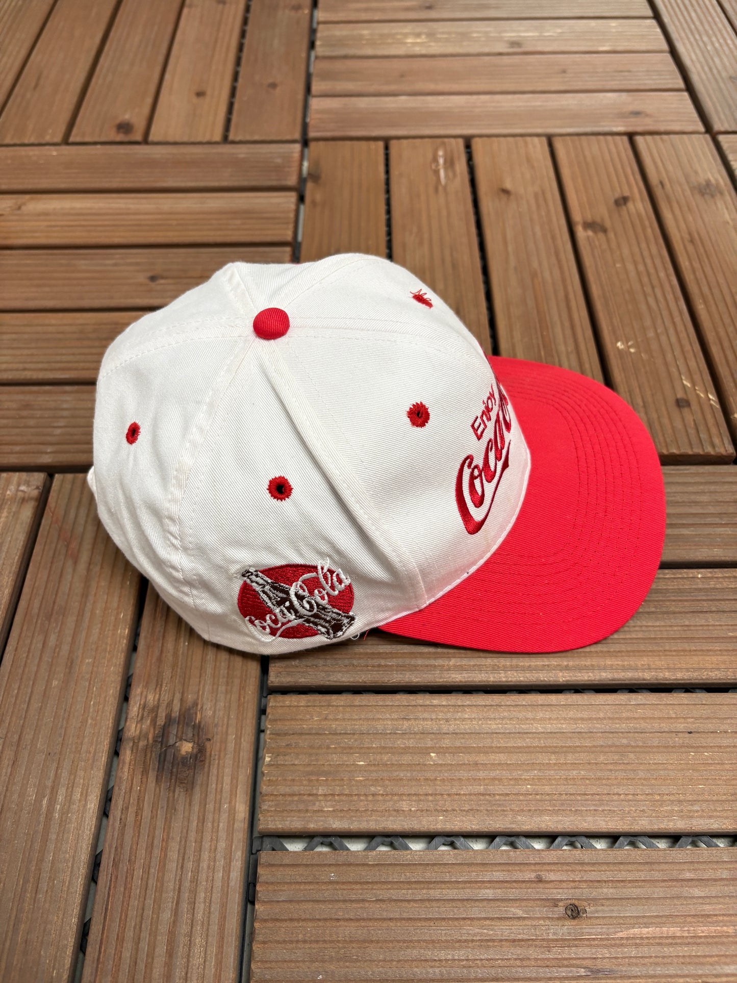 Enjoy Coca-Cola Embroidered Graphic Hat | Snap Back | Vintage 1990s Promotional White Cap |