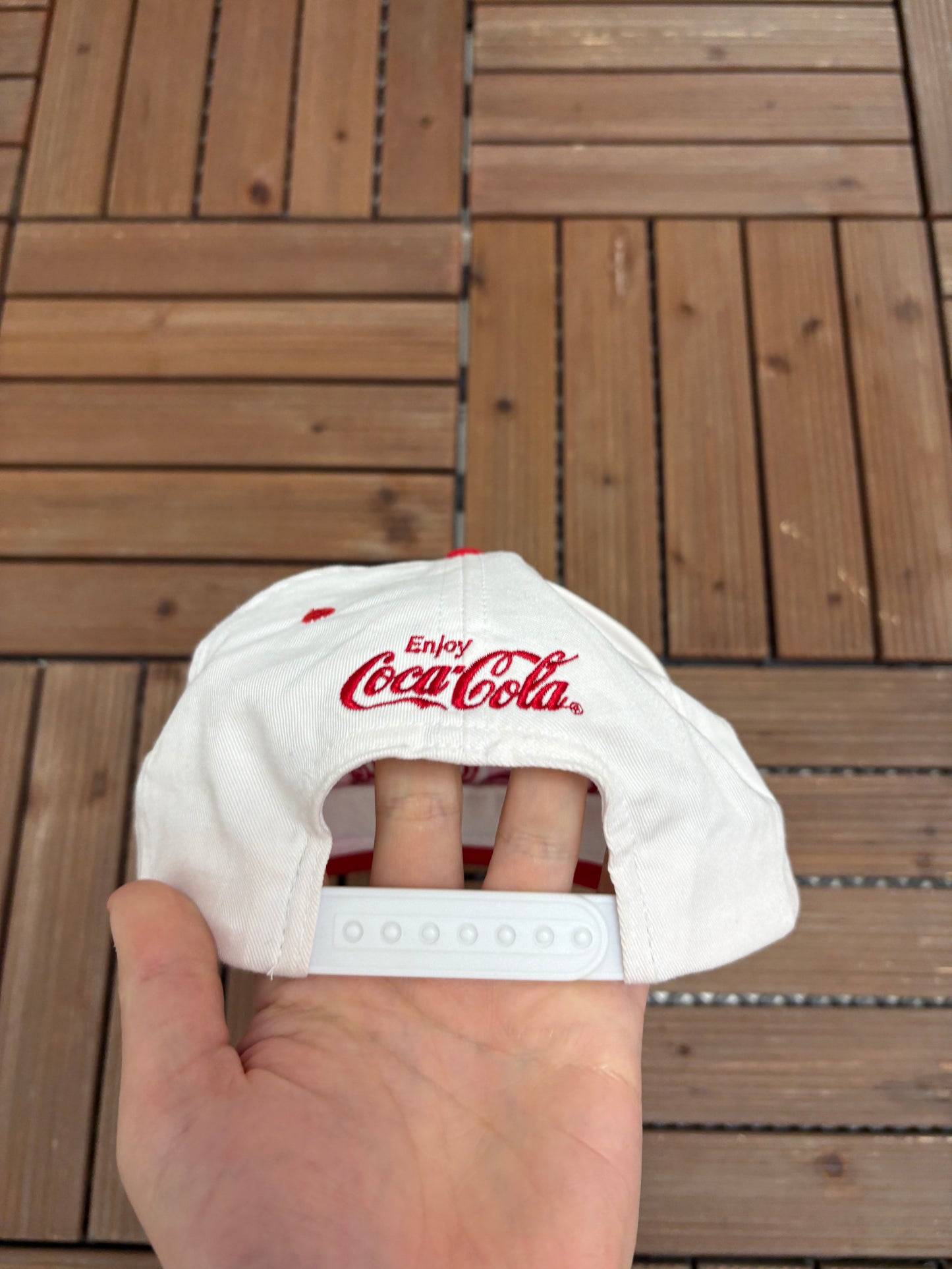 Enjoy Coca-Cola Embroidered Graphic Hat | Snap Back | Vintage 1990s Promotional White Cap |
