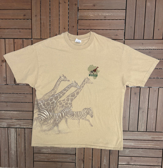 Zebra & Giraffe Big Print Graphic Tee | Size XX-Large | Vintage 1990s Animal Beige T-Shirt |