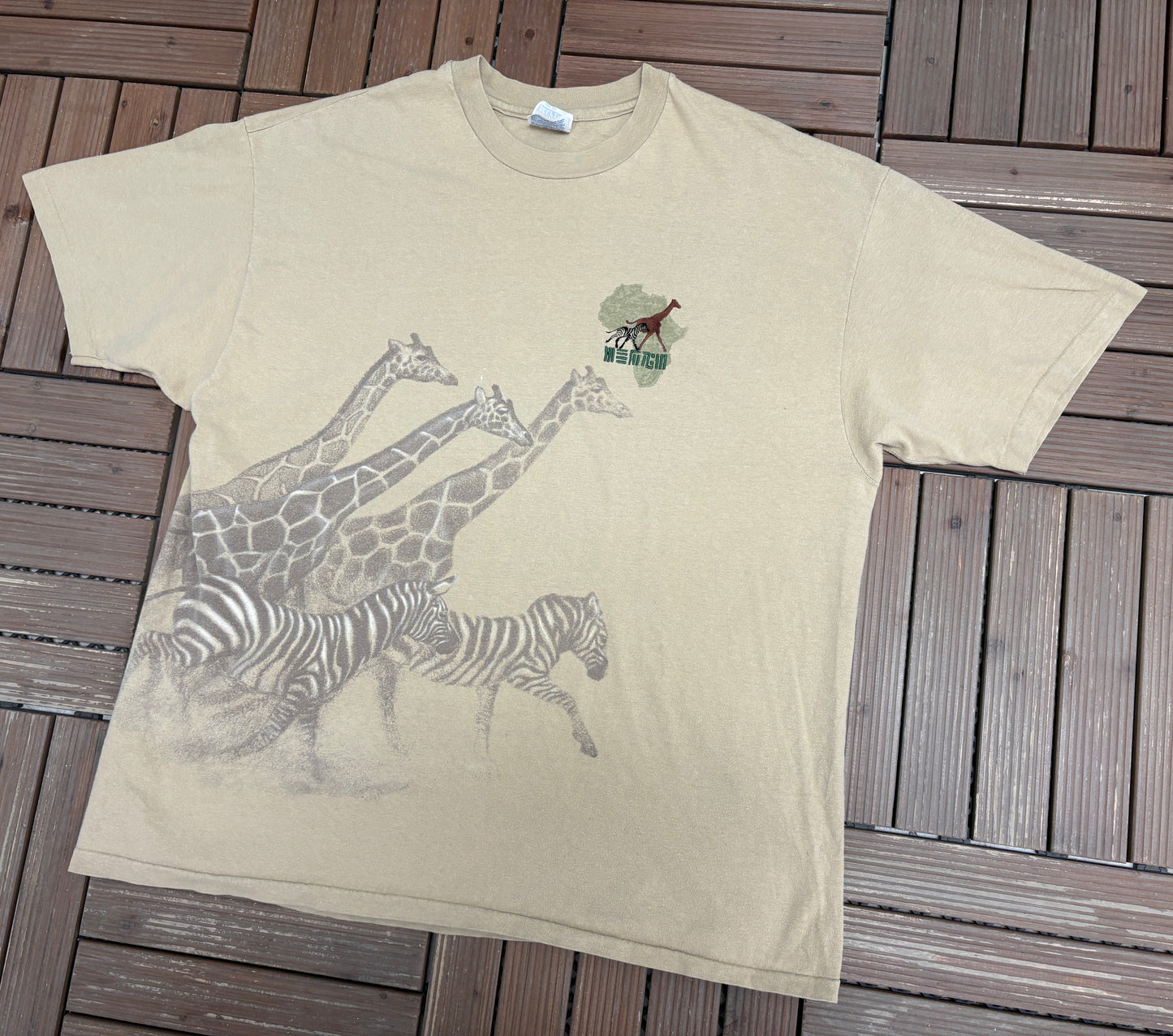 Zebra & Giraffe Big Print Graphic Tee | Size XX-Large | Vintage 1990s Animal Beige T-Shirt |