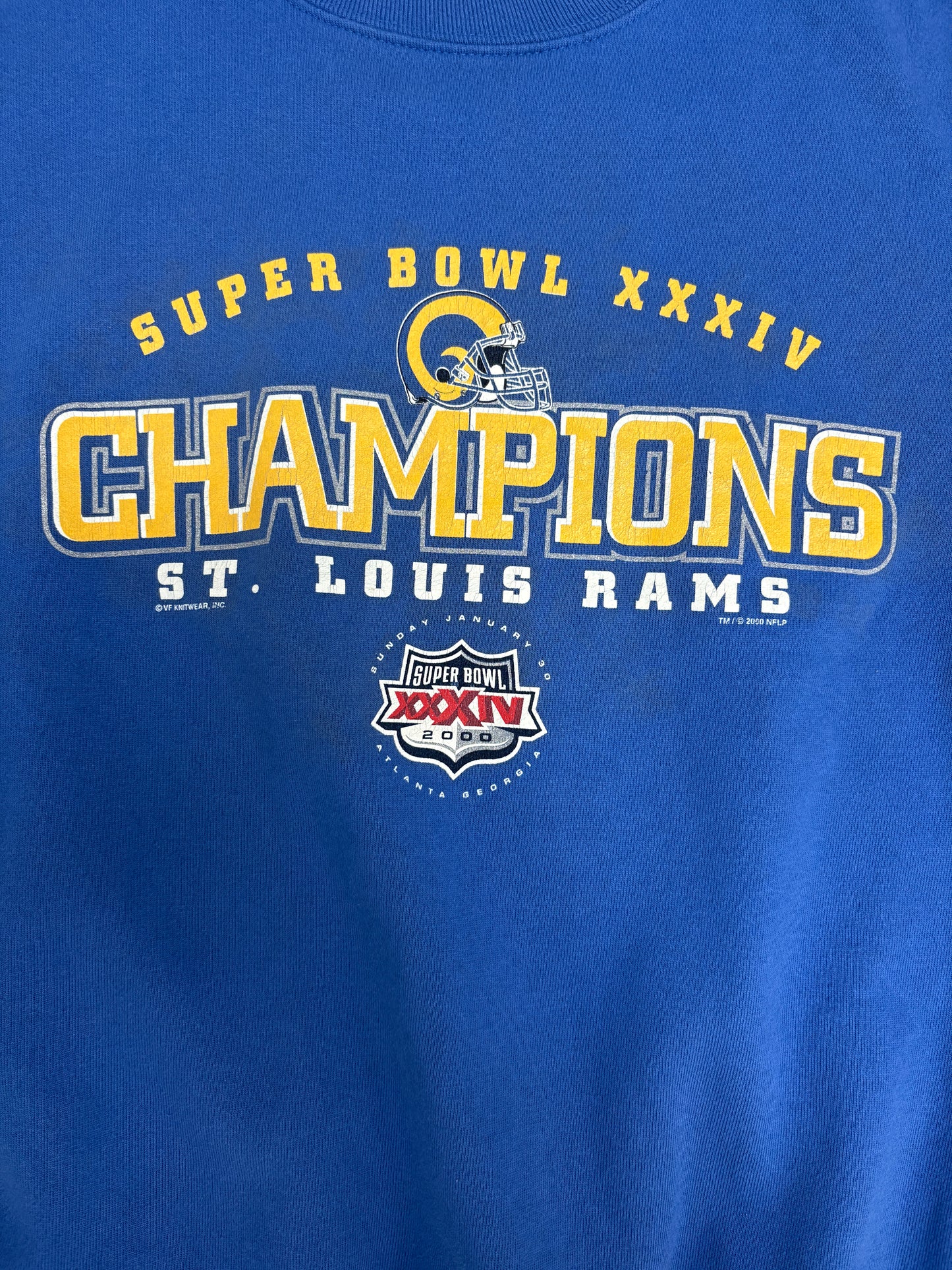 St. Louis Rams Super Bowl XXXIV Champions Graphic Crewneck | Size X-Large | Vintage 2000s NFL Football Blue Sweater |