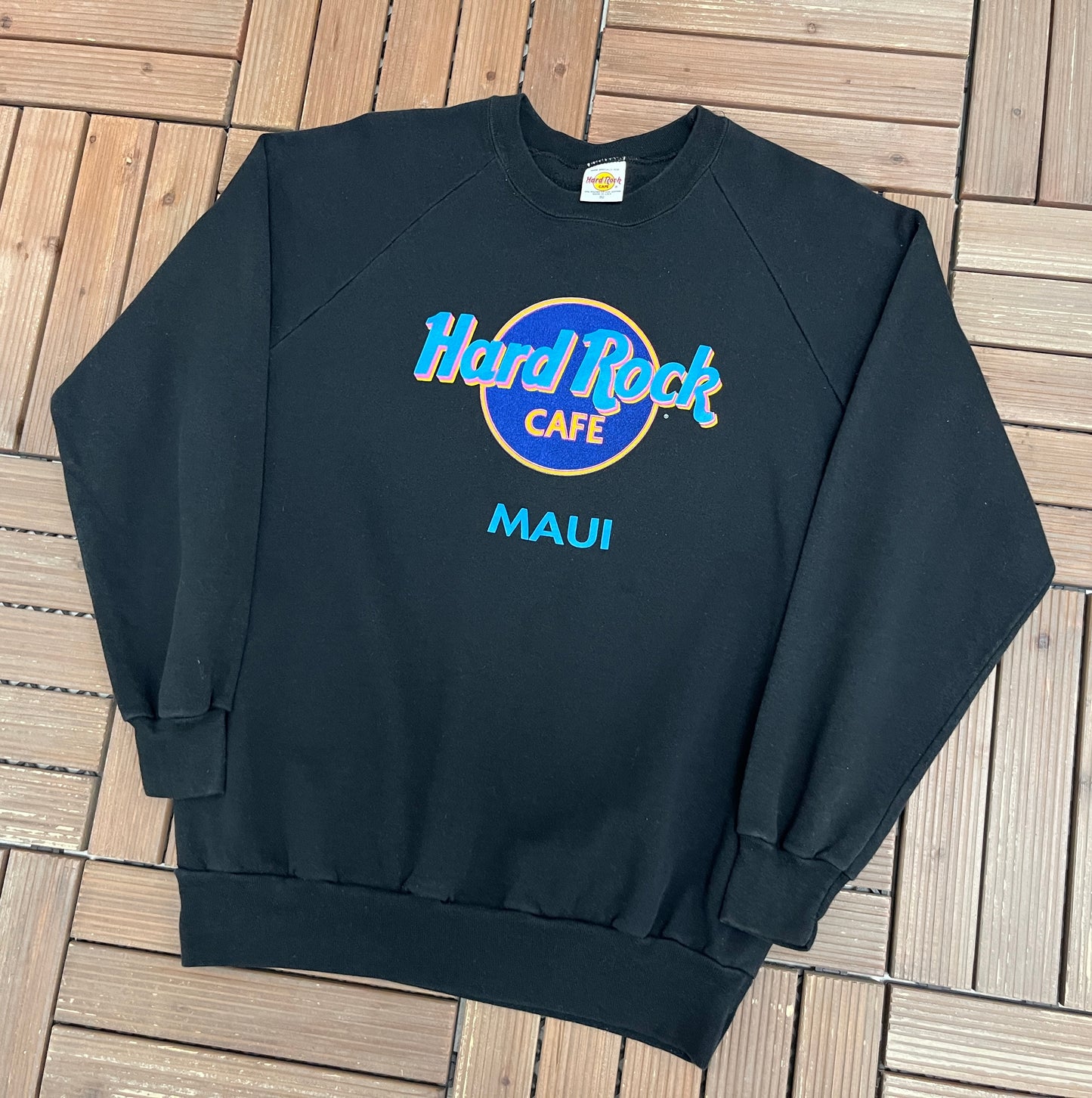 Hard Rock Cafe Maui Graphic Crewneck | Size X-Large | Vintage 1980s Promotional Black Sweater |