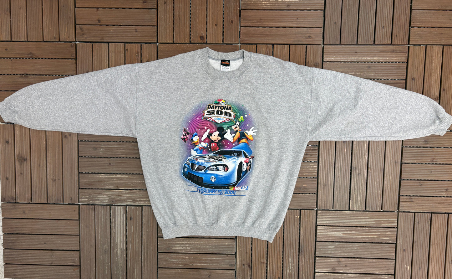 Daytona 500 2004 Disney Graphic Crewneck | Size X-Large | Vintage 2000s NASCAR Racing Grey Sweater |