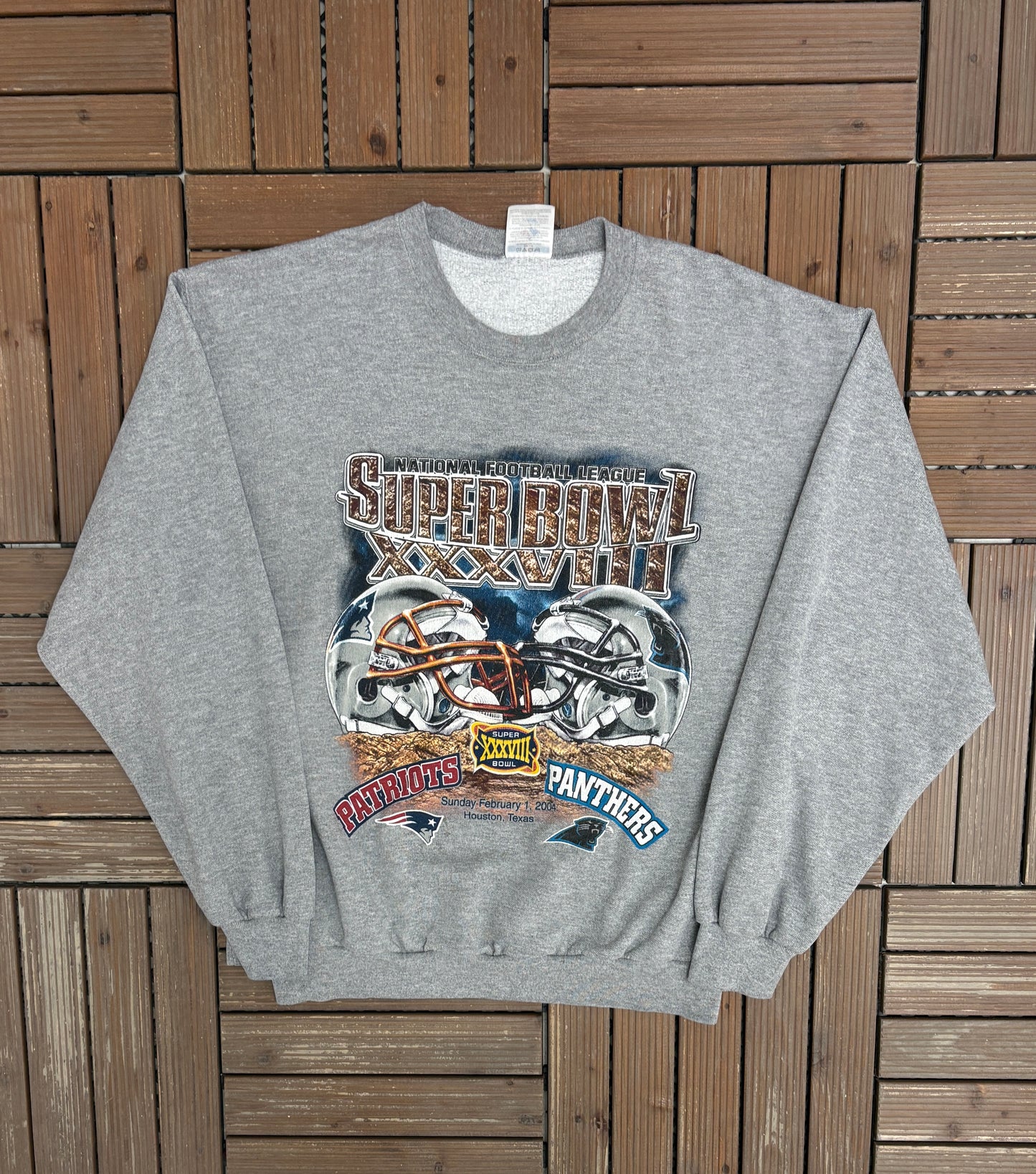 New England Patriots vs Carolina Panthers Super Bowl Graphic Crewneck | Size Large | Vintage 2000s NFL Football Grey Sweater |