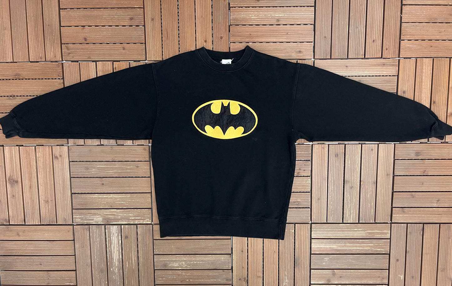 Batman Stitched Graphic Crewneck | Size Small | Vintage 1990s Promotional Black Sweater |