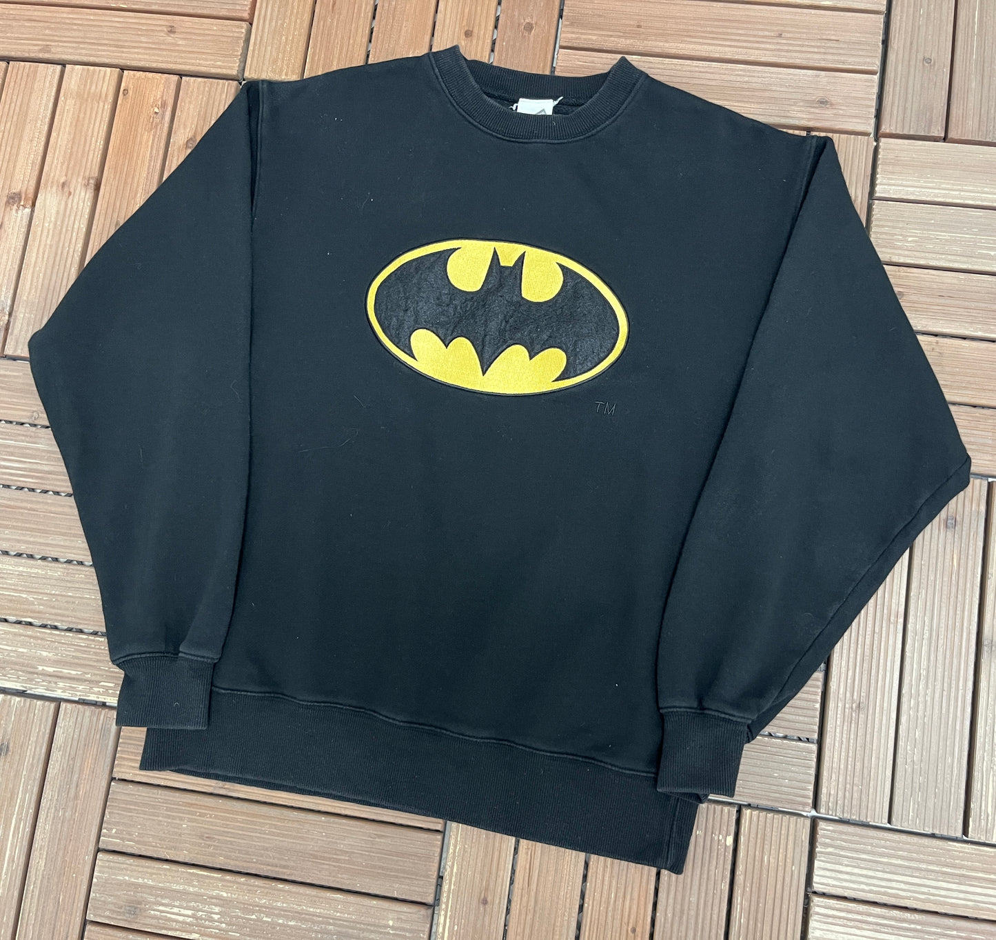 Batman Stitched Graphic Crewneck | Size Small | Vintage 1990s Promotional Black Sweater |