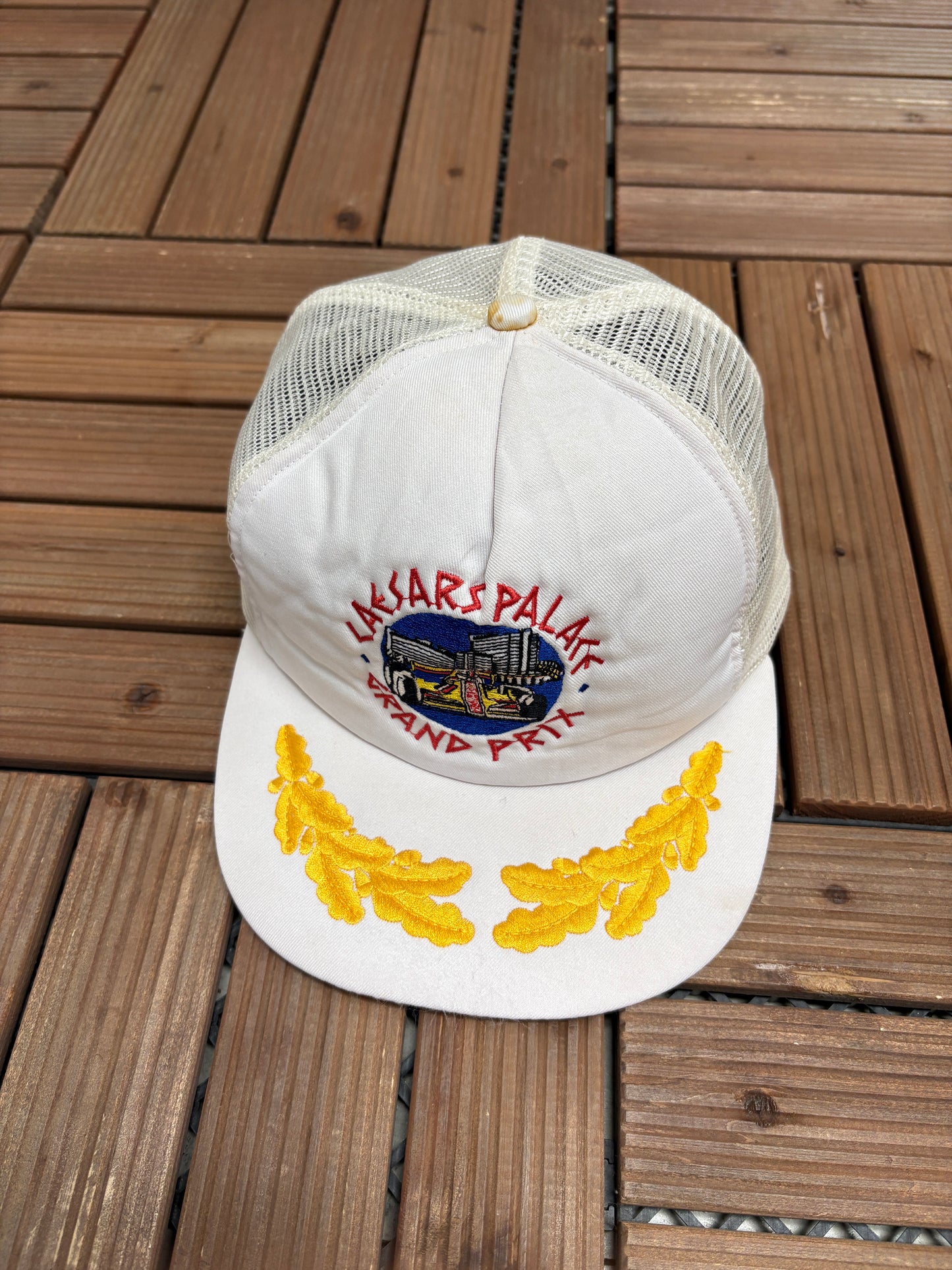 Caesars Palace Grand Prix Graphic Hat | Snap Back | Vintage 1980s F1 Racing White Cap |
