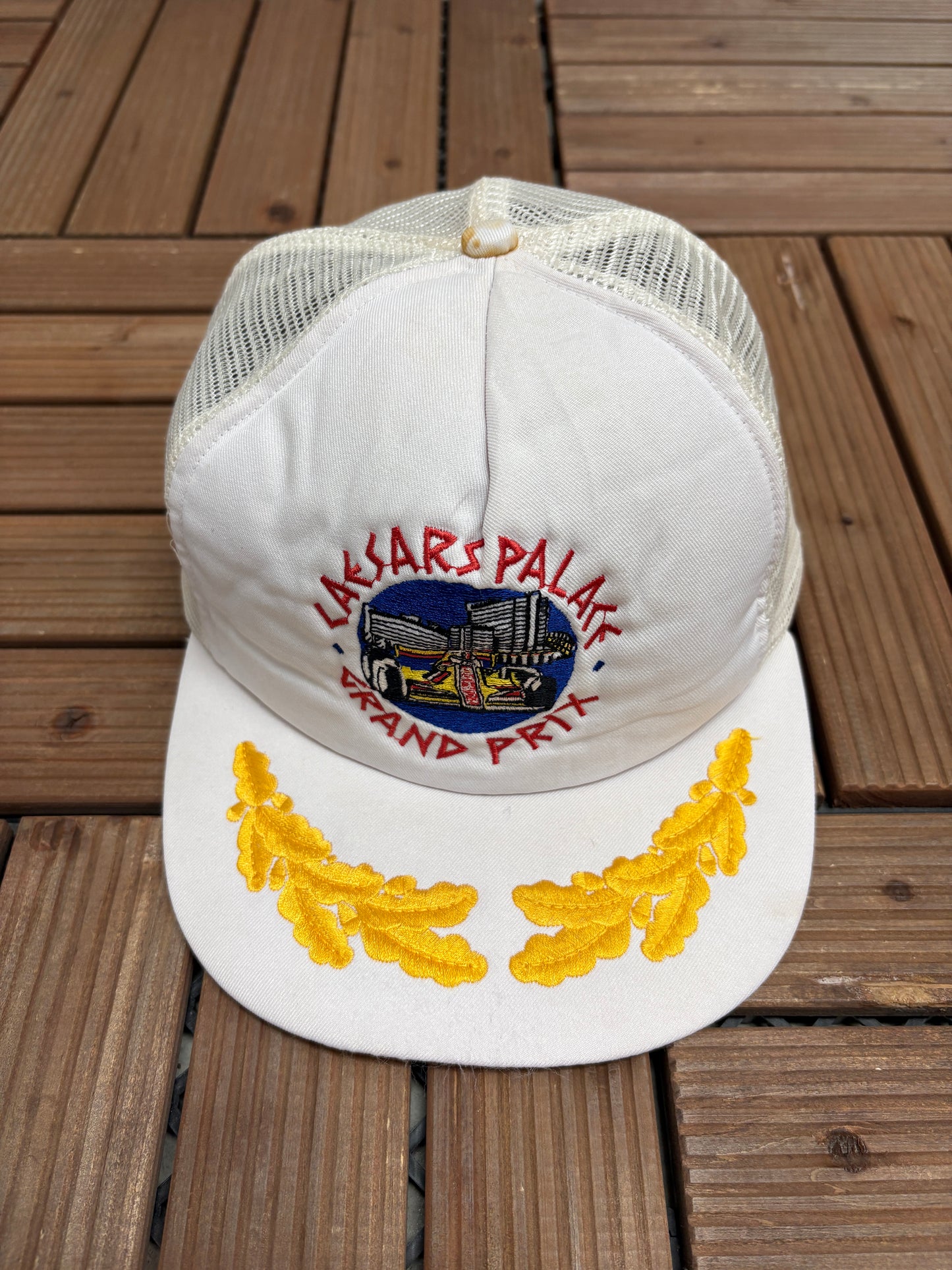 Caesars Palace Grand Prix Graphic Hat | Snap Back | Vintage 1980s F1 Racing White Cap |
