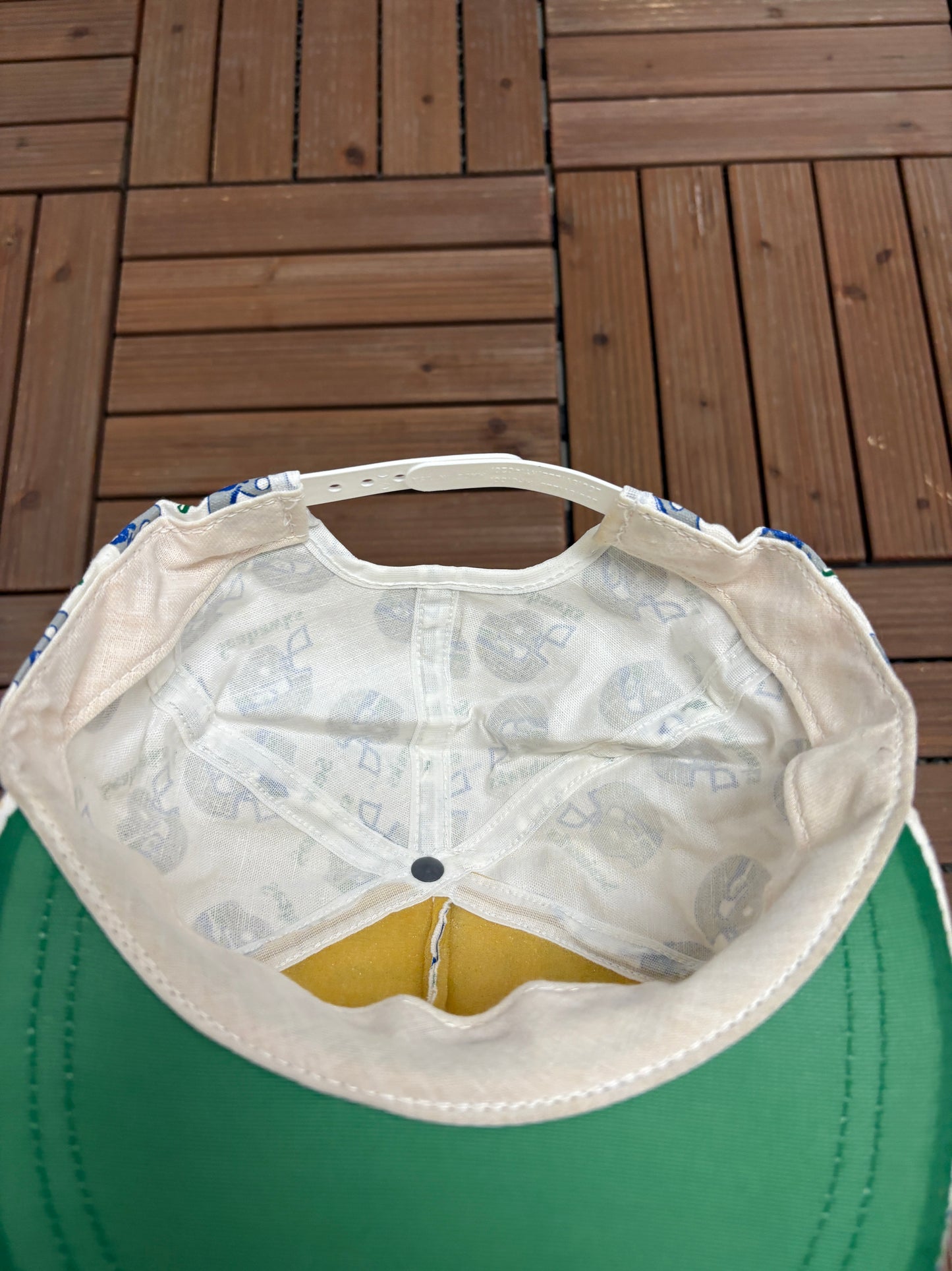 Seattle Seahawks Helmet All Over Print Graphic Hat | Snap Back | Vintage 1990s NFL Football White Hat |