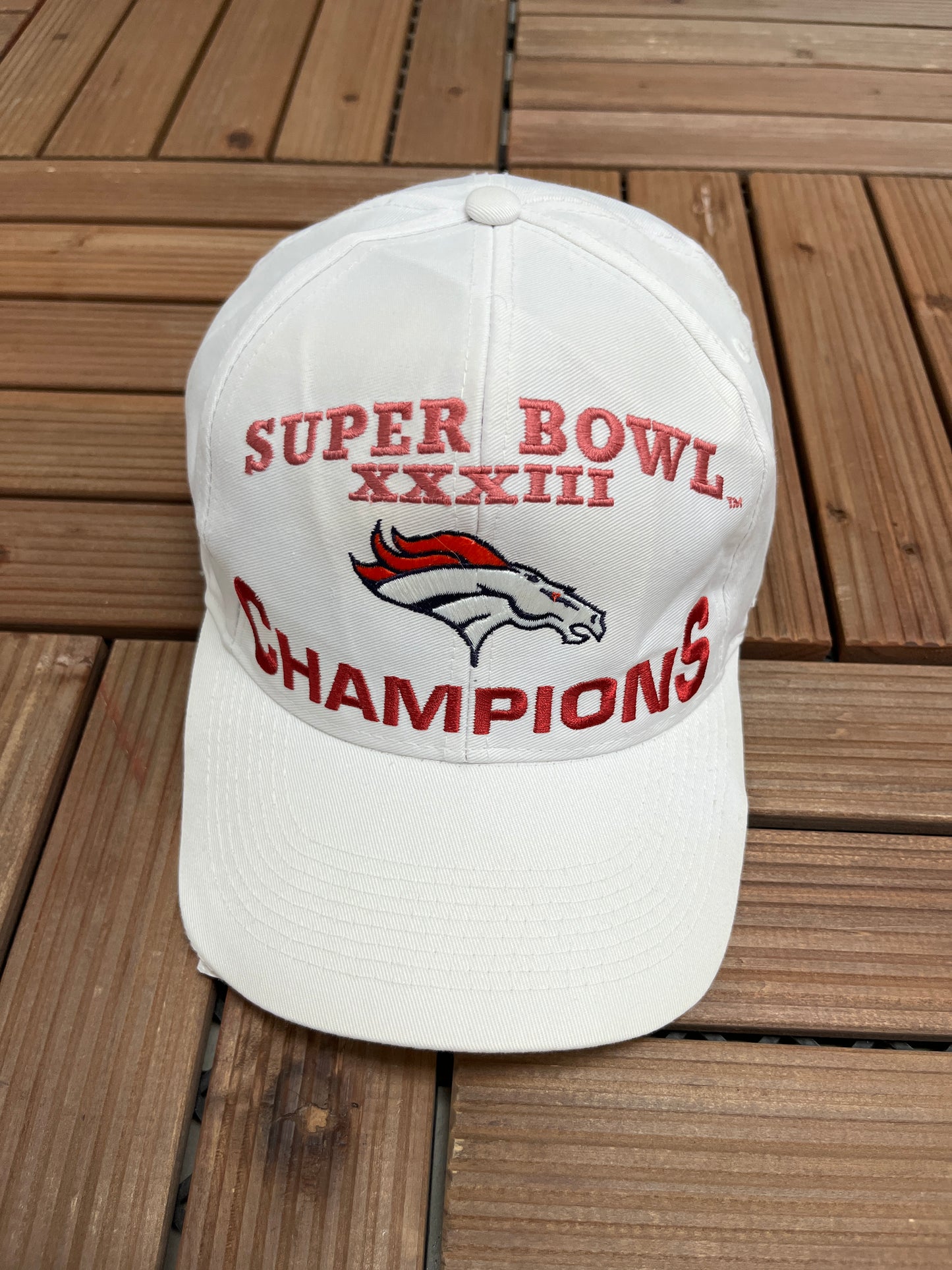 Denver Broncos Super Bowl XXXIII Champions Graphic Hat | Snap Back | Vintage 1990s NFL Football White Cap |