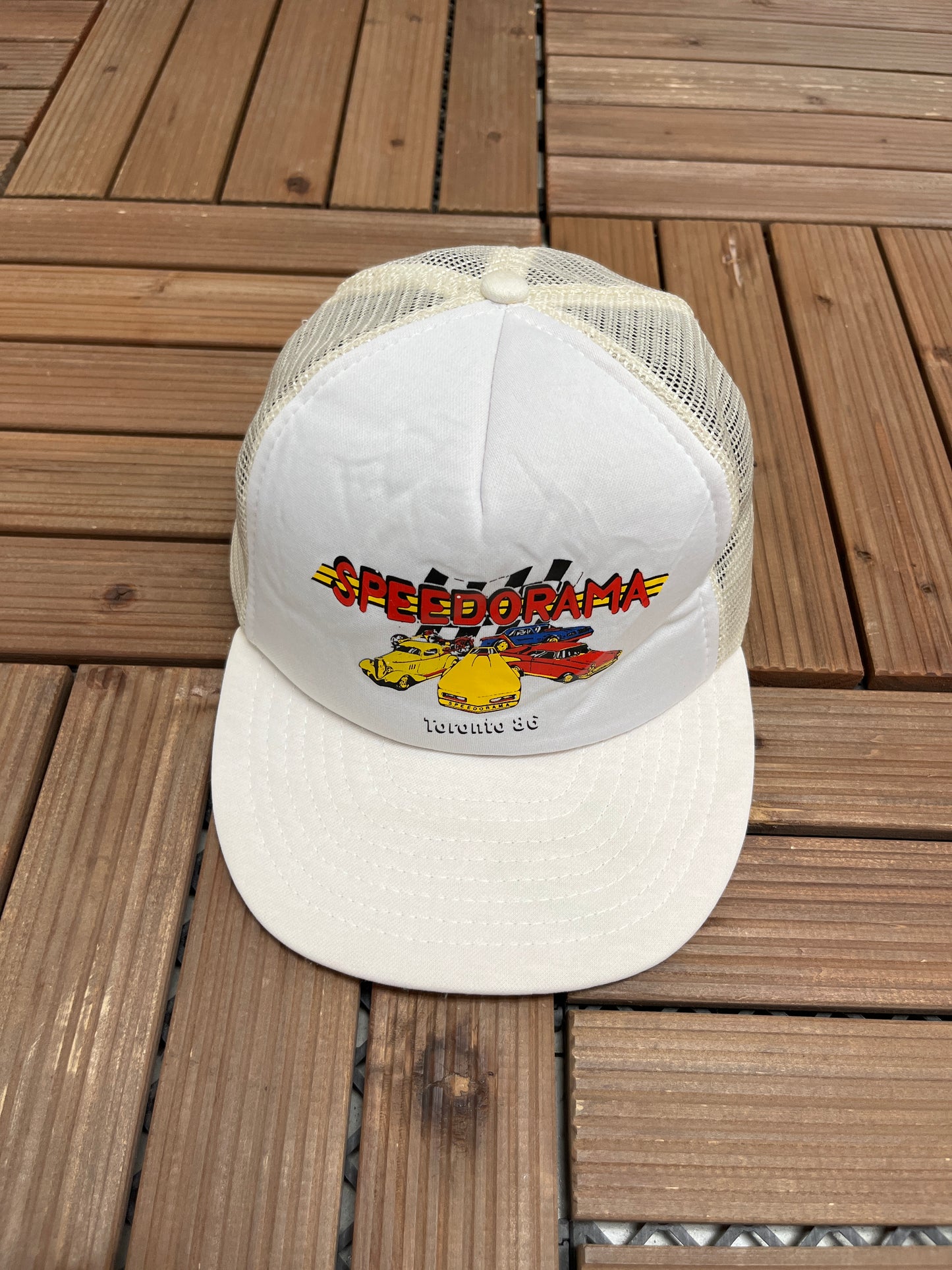 Speedorama Toronto '86 Graphic Hat | Snap Back | Vintage 1980s Promotional White Trucker Cap |