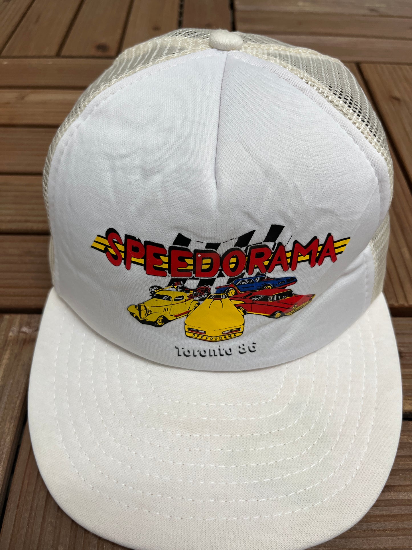 Speedorama Toronto '86 Graphic Hat | Snap Back | Vintage 1980s Promotional White Trucker Cap |