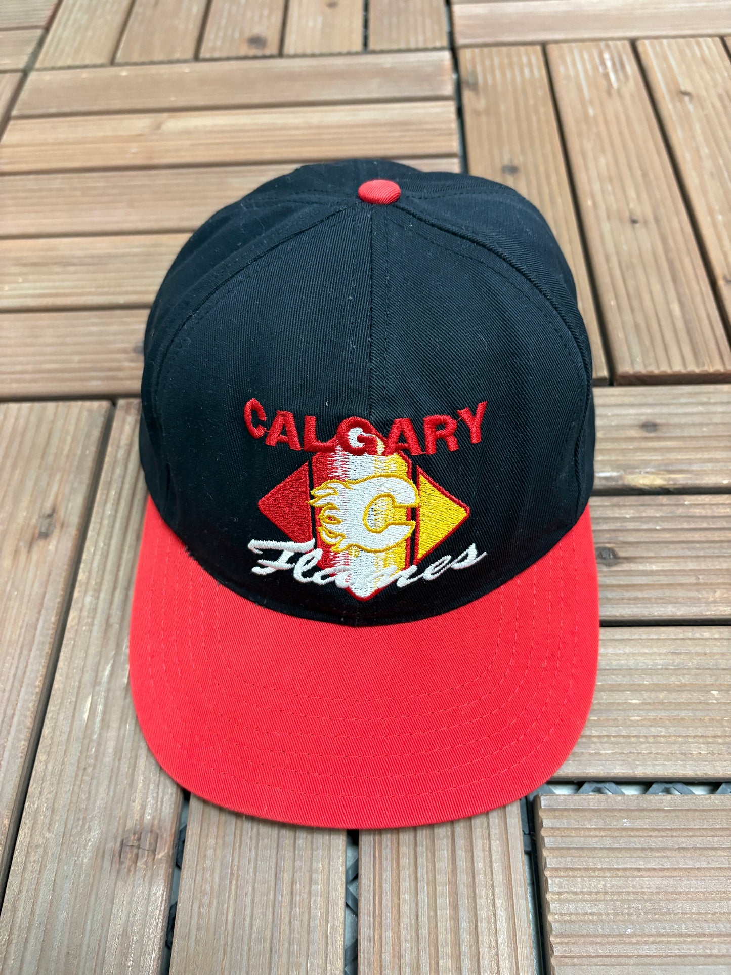Calgary Flames Embroidered Graphic Hat | Snap Back | Vintage 1990s NHL Hockey Black Cap |