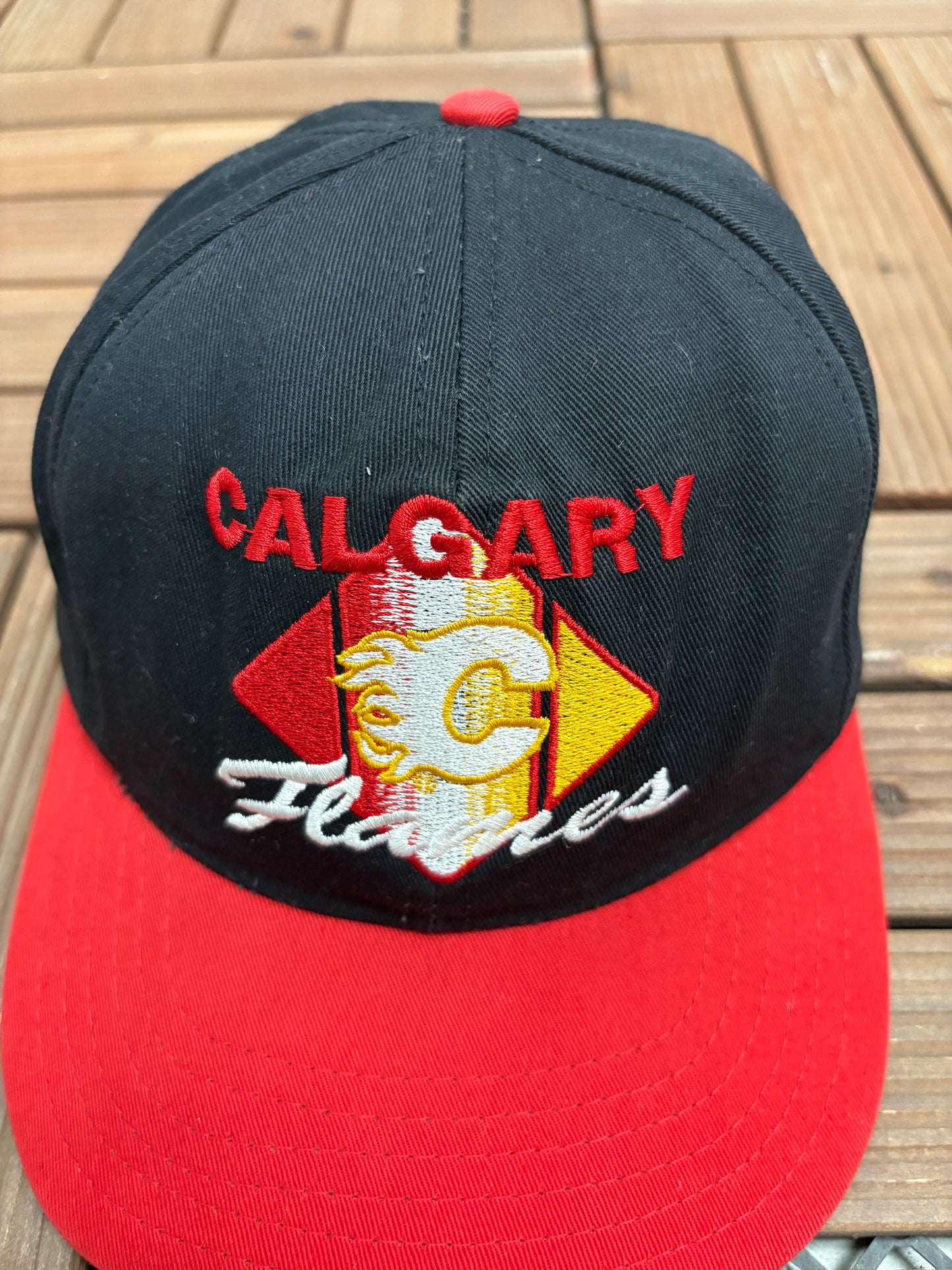 Calgary Flames Embroidered Graphic Hat | Snap Back | Vintage 1990s NHL Hockey Black Cap |