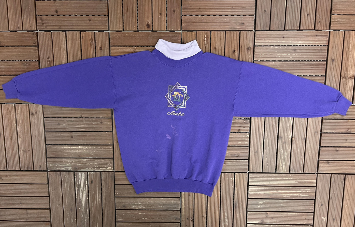 Alaska Embroidered Graphic Turtleneck | Size Medium | Vintage 1990s Tourist Promotional Purple Sweater |