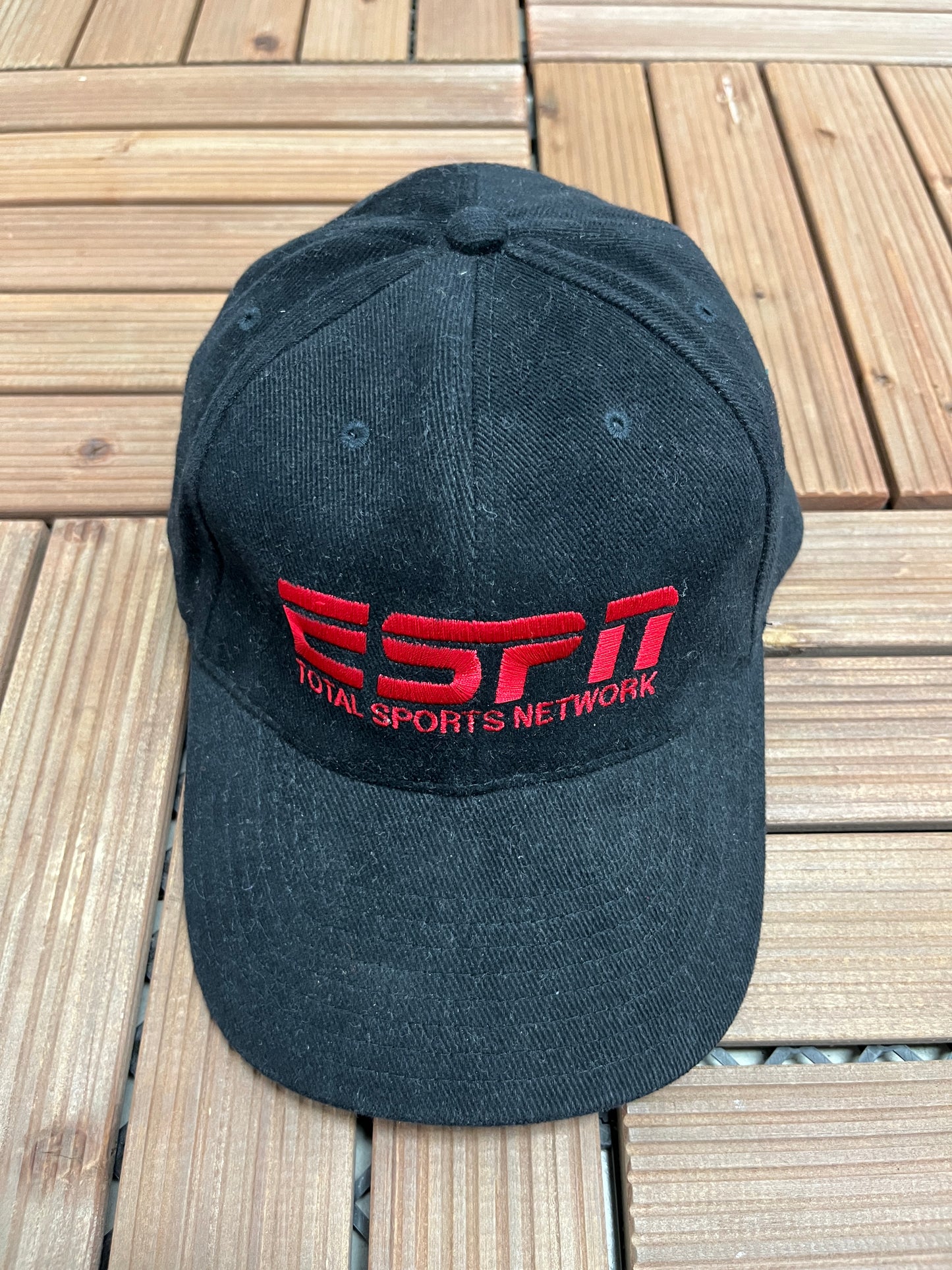 ESPN Total Sports Network Embroidered Graphic Hat | Metal Clasp | Vintage 2000s Promotional Black Cap |