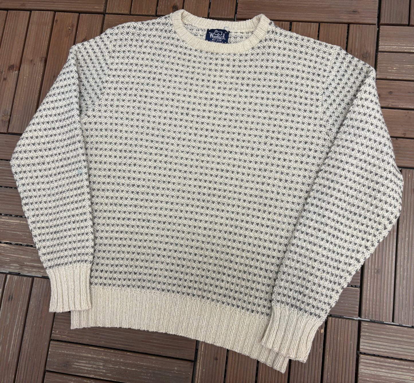 Woolrich Dotted Striped Knit Sweater | Size X-Large | Vintage 1990s Wool White Sweatshirt |