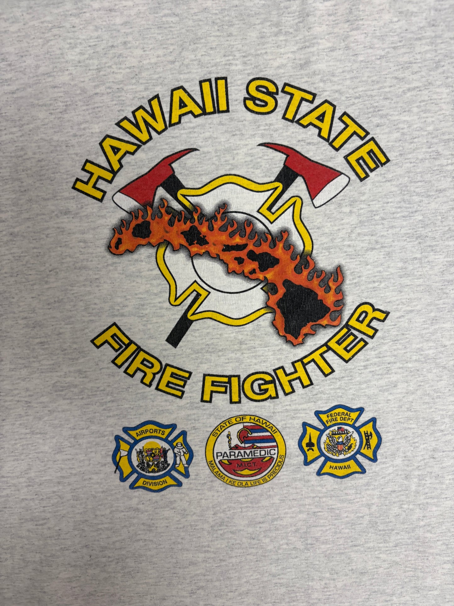 Hawaii State Fire Fighter Graphic Tee | Size X-Large | Vintage 1990s Promotional Grey T-Shirt |