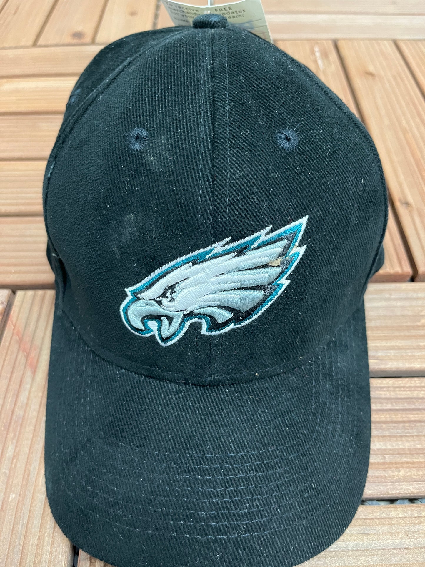 Philadelphia Eagles Stitched Graphic Hat | Strap Back | Vintage 2000s NFL Football Black Cap |
