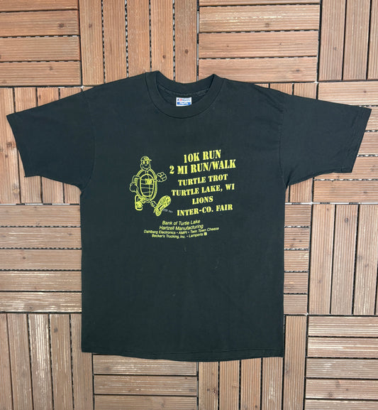 10K Run & Turtle Trot Turtle Lake, Wisconsin Graphic Tee | Size X-Large | Vintage 1990s Single Stitch Black T-Shirt |