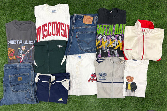 11 Piece Wholesale Bundle Lot of 1990s & 2000s Band, Pro, College Sports, Jeans, Adidas Jackets