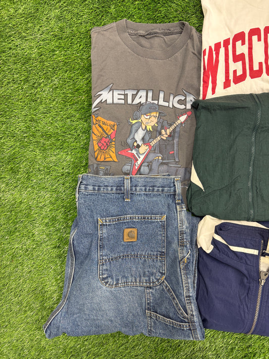11 Piece Wholesale Bundle Lot of 1990s & 2000s Band, Pro, College Sports, Jeans, Adidas Jackets