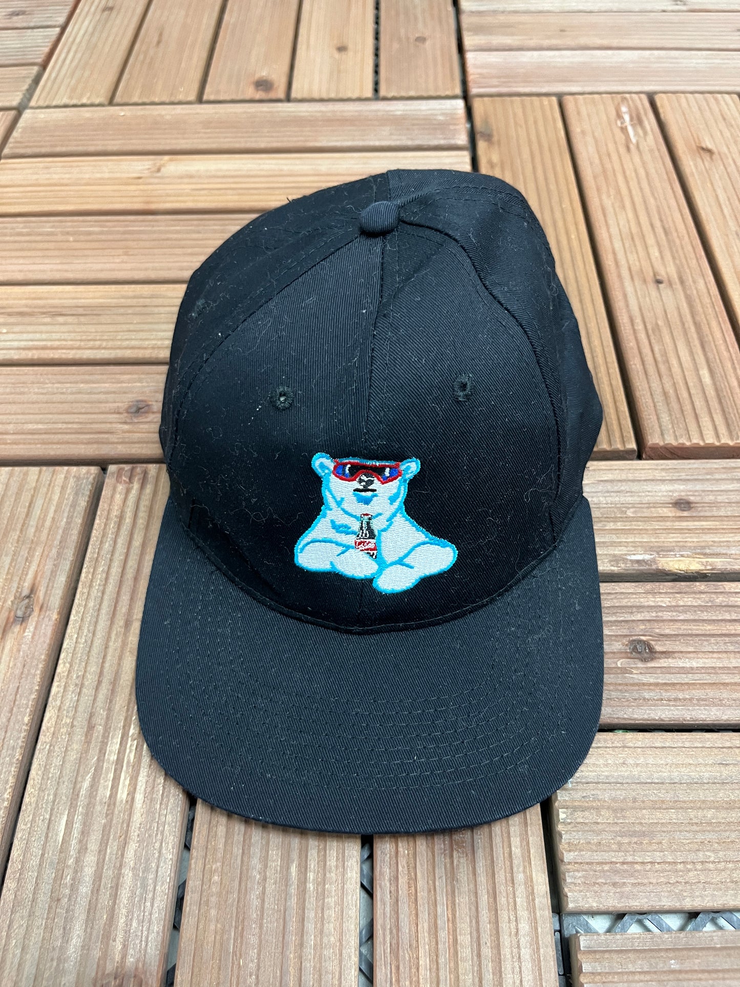 Coca-Cola Polar Bear Embroidered Graphic Hat | Snap Back | Vintage 1990s Promotional Black Cap |