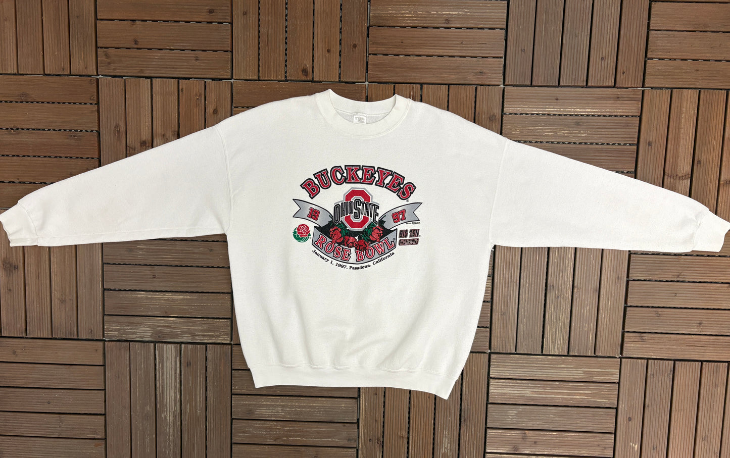 Ohio State Buckeyes Rose Bowl 1997 Graphic Crewneck | Size X-Large | Vintage 1990s College White Sweater |