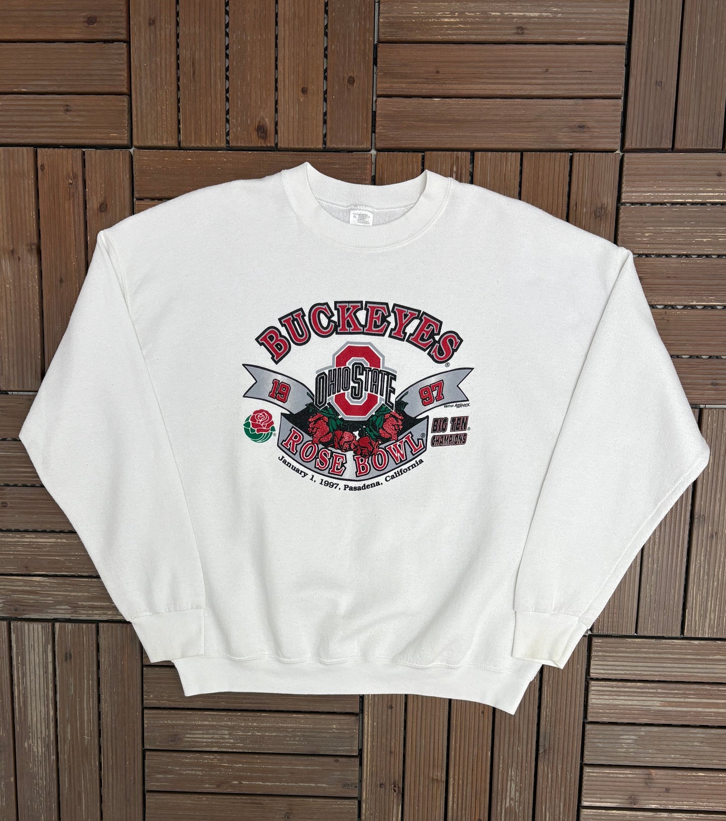 Ohio State Buckeyes Rose Bowl 1997 Graphic Crewneck | Size X-Large | Vintage 1990s College White Sweater |