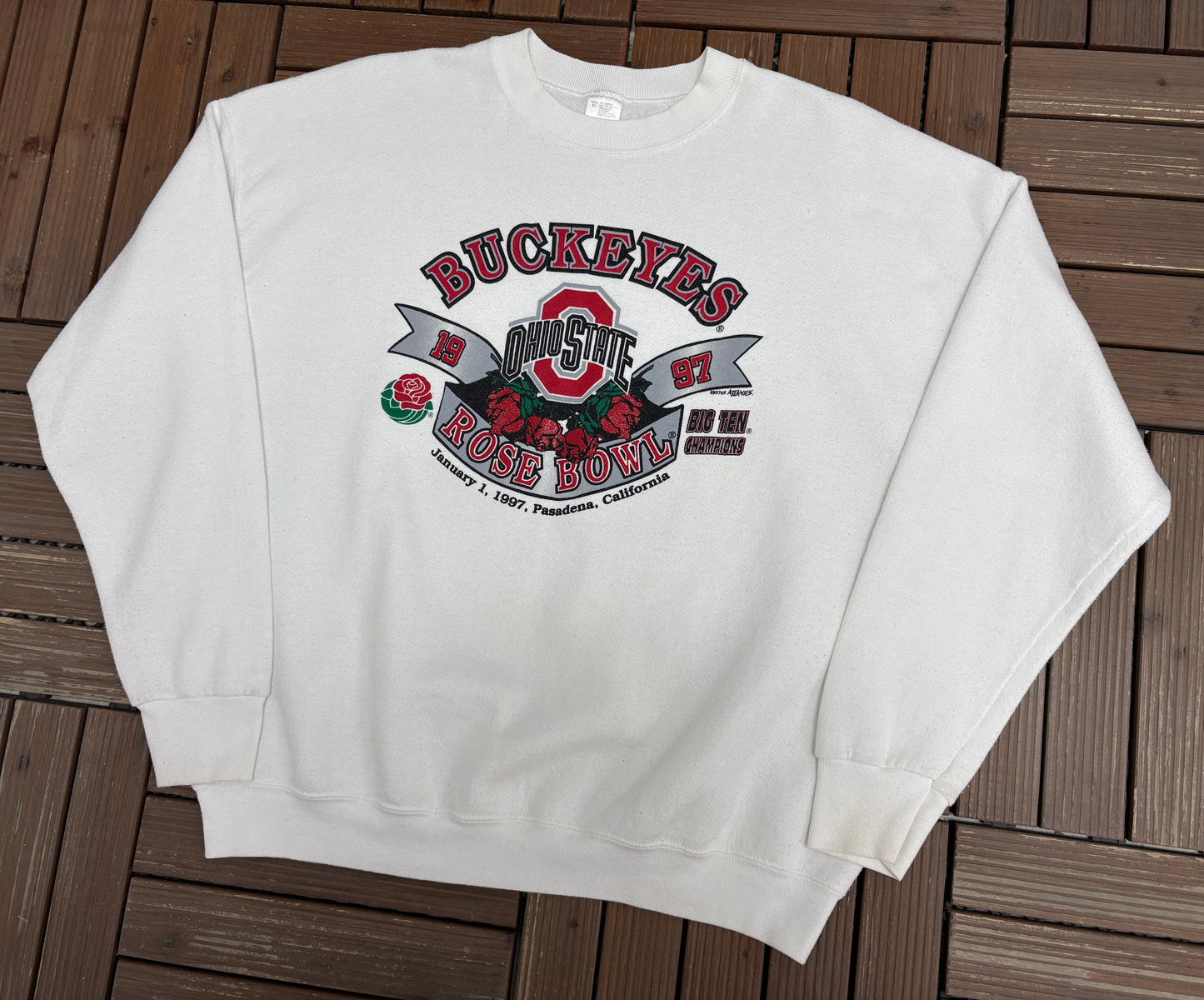 Ohio State Buckeyes Rose Bowl 1997 Graphic Crewneck | Size X-Large | Vintage 1990s College White Sweater |