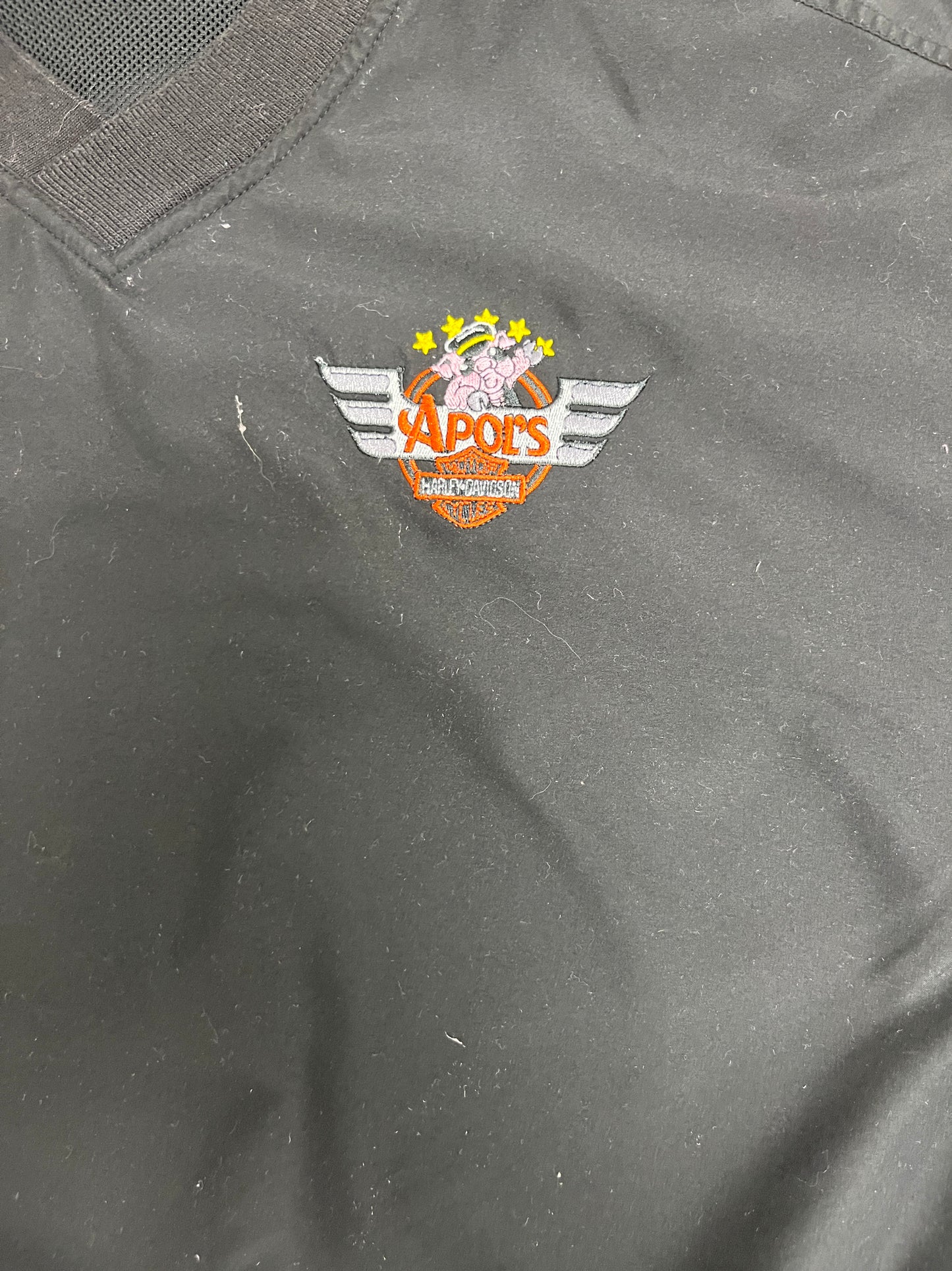 Apol's Harley Davidson Embroidered Graphic Windbreaker | Size X-Large | Vintage 2000s Black Light Jacket |