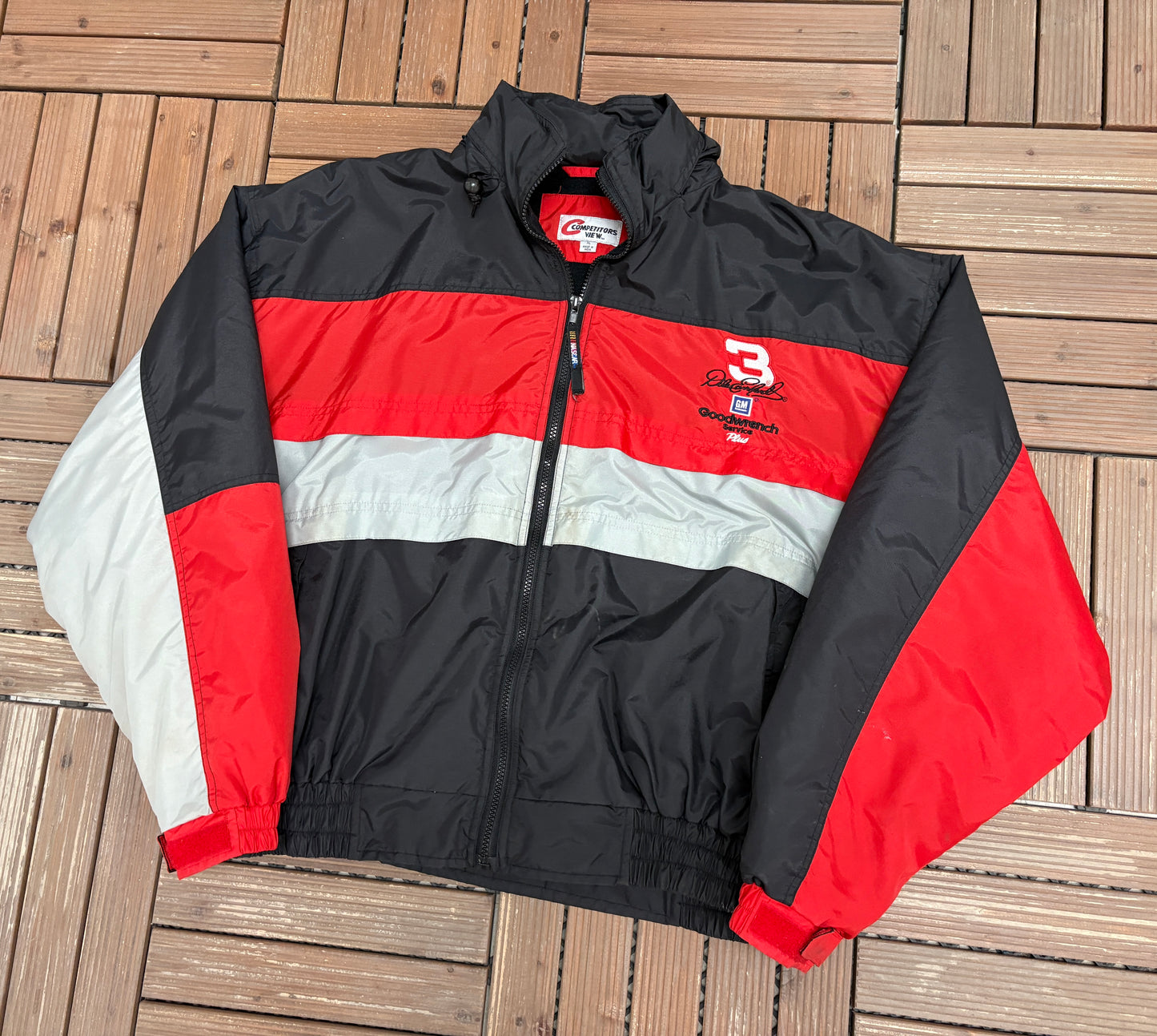 Dale Earnhardt Graphic Puffer Jacket | Size X-Large | Vintage 1990s NASCAR Racing Black Coat |