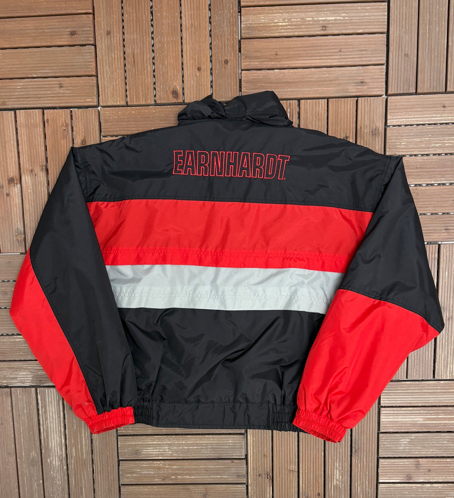 Dale Earnhardt Graphic Puffer Jacket | Size X-Large | Vintage 1990s NASCAR Racing Black Coat |
