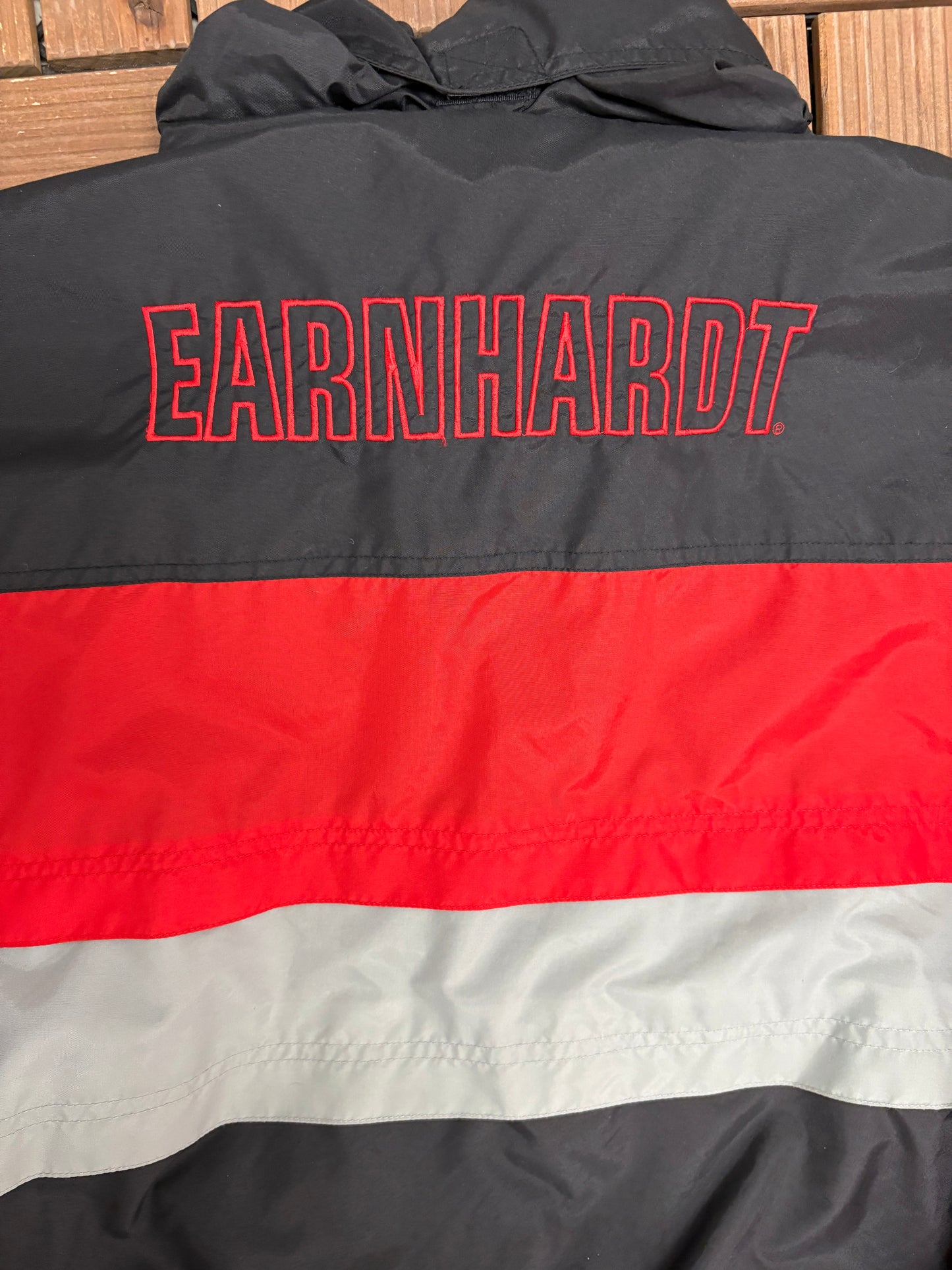 Dale Earnhardt Graphic Puffer Jacket | Size X-Large | Vintage 1990s NASCAR Racing Black Coat |