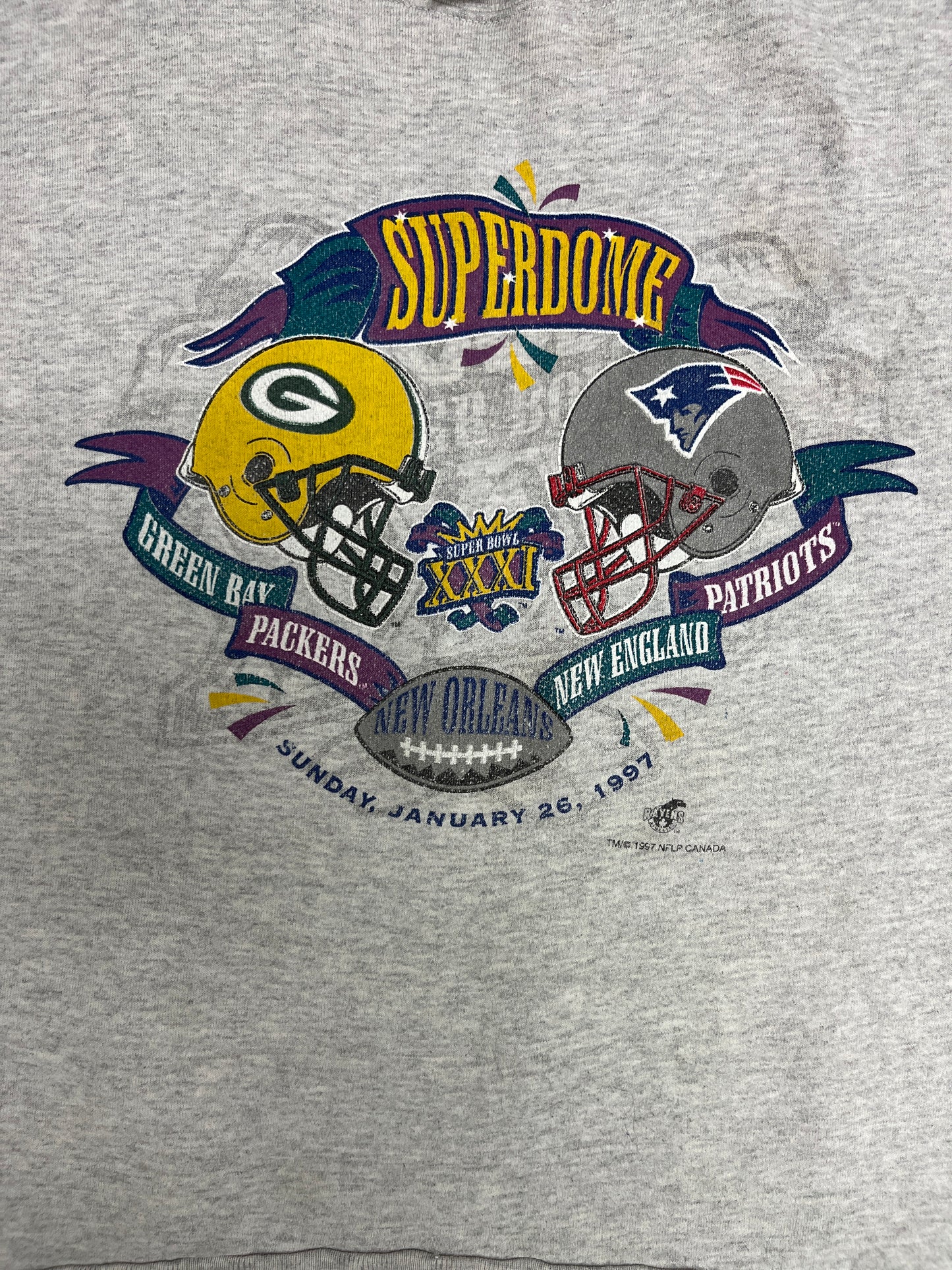 New England Patriots vs Green Bay Packers Super Bowl Graphic Crewneck | Size X-Large | Vintage 1990s NFL Football Grey Sweater |
