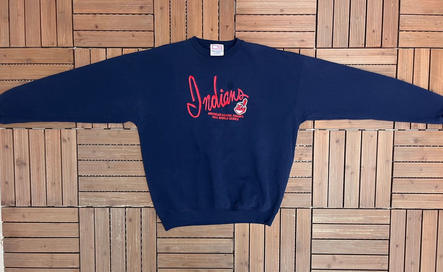 Cleveland Indians 1995 World Series Graphic Crewneck | Size X-Large | Vintage 1990s MLB Baseball Blue Sweater |