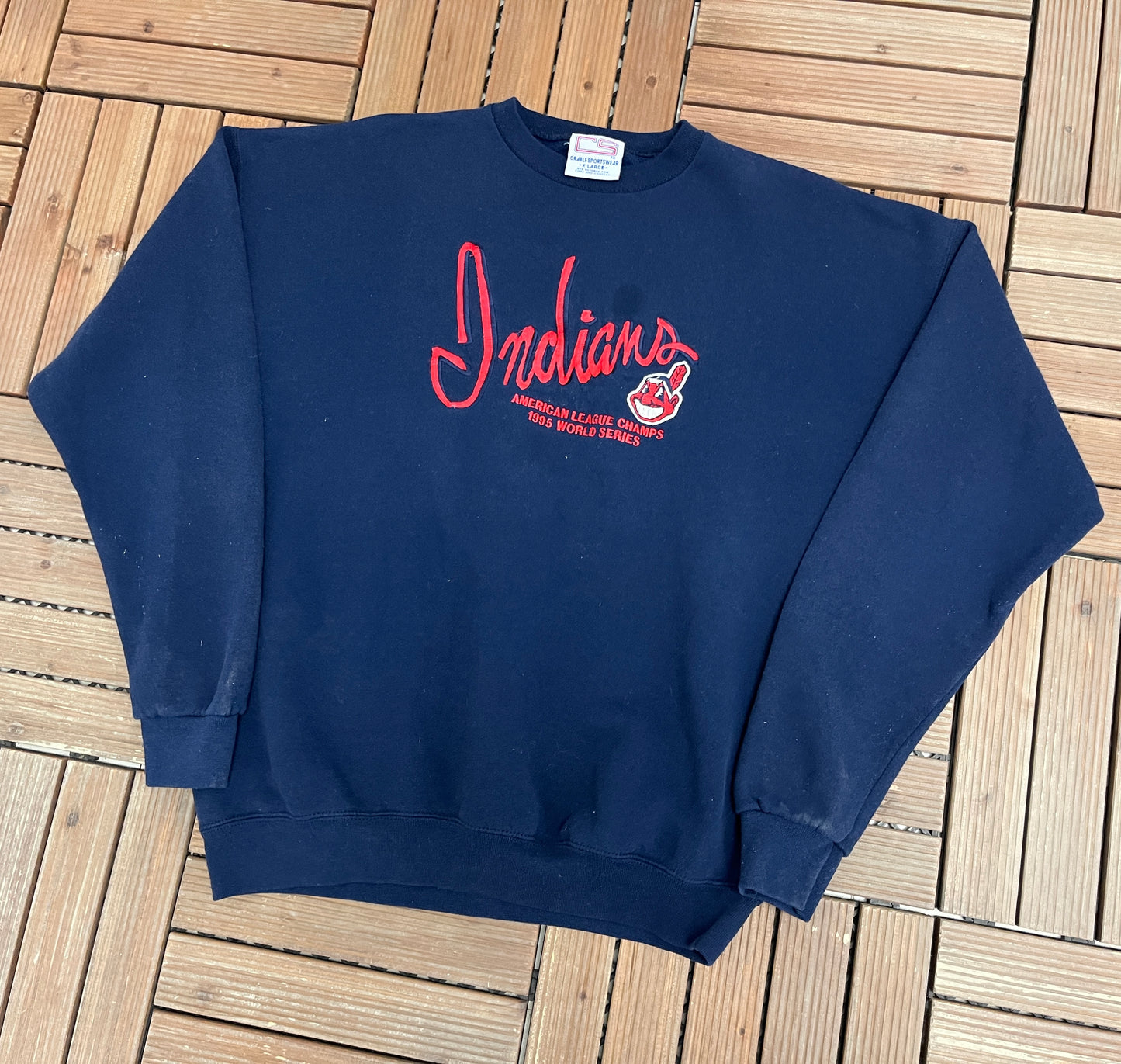 Cleveland Indians 1995 World Series Graphic Crewneck | Size X-Large | Vintage 1990s MLB Baseball Blue Sweater |