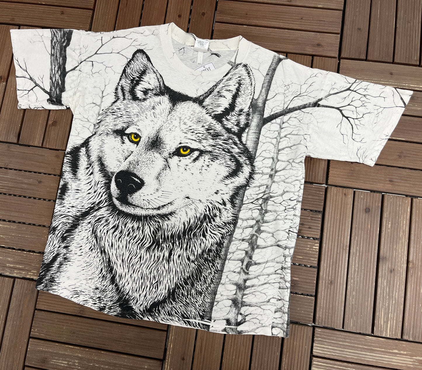 Wolf Scenic All Over Print Graphic Tee | Size X-Large | Vintage 1990s Single Stitch Wolf Animal White T-Shirt |
