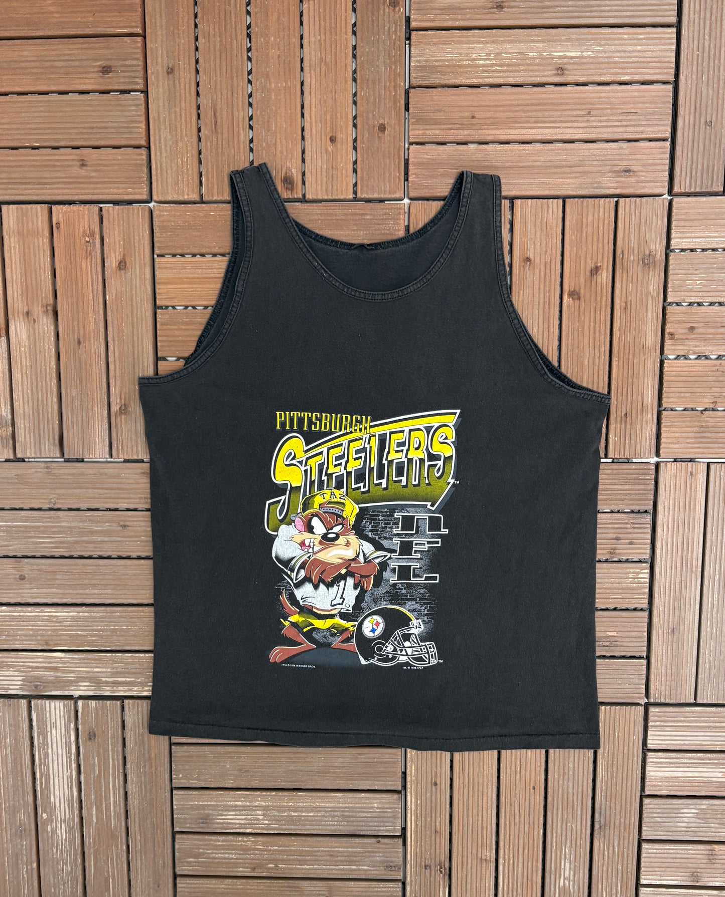 Pittsburgh Steelers Taz Graphic Tank Top | Size Large | Vintage 1990s Cartoon NFL Football Black Tee |